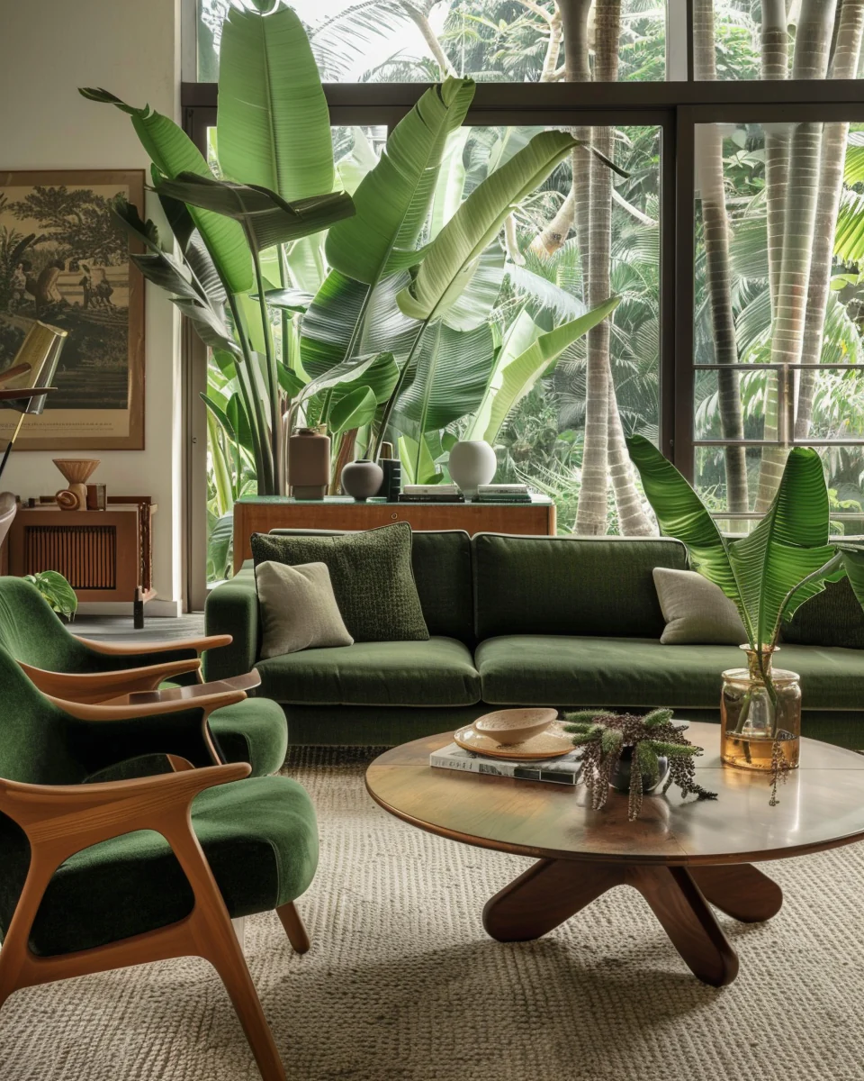 Modern Mid Century Green Living Room Interior With A View Design and Decor Ideas