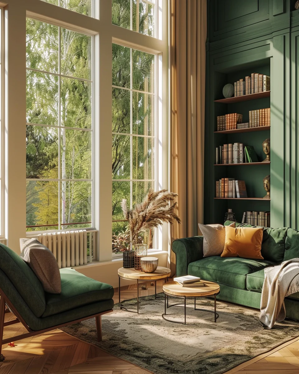 Modern Cozy Warm Green Living Room Interior With A View Design and Decor Ideas