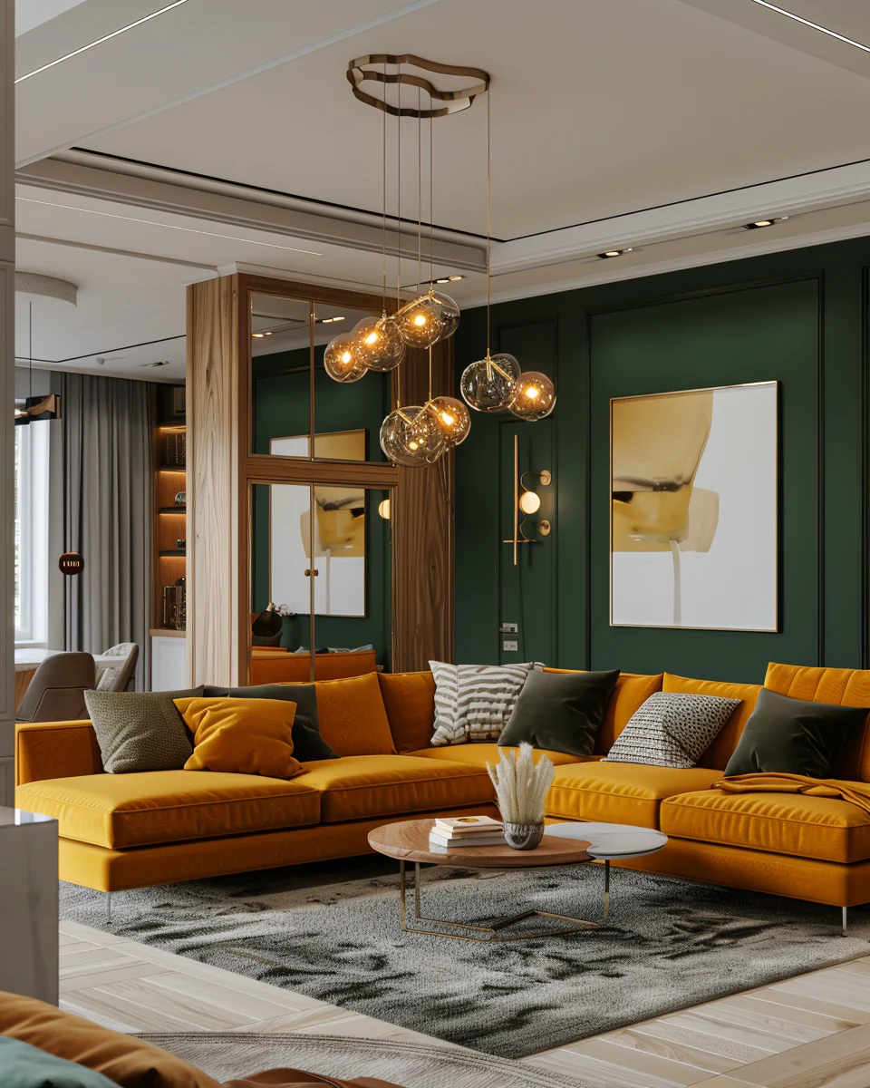 Modern Luxury Mustard Green Living Room Interior With Wood Details Design and Decor Ideas