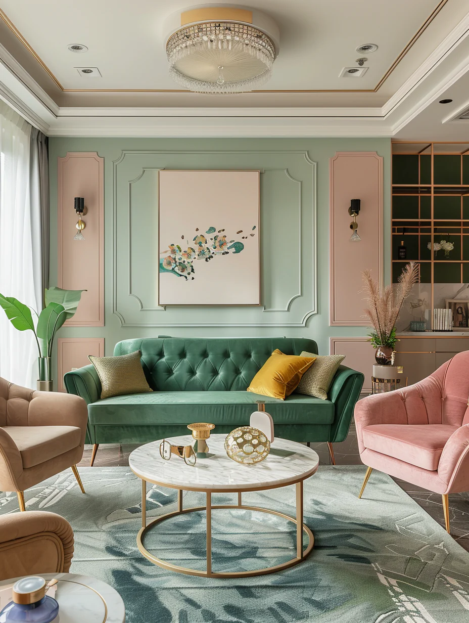 Modern Luxury Pink And Green Living Room Interior At Golden Hour Design and Decor Ideas