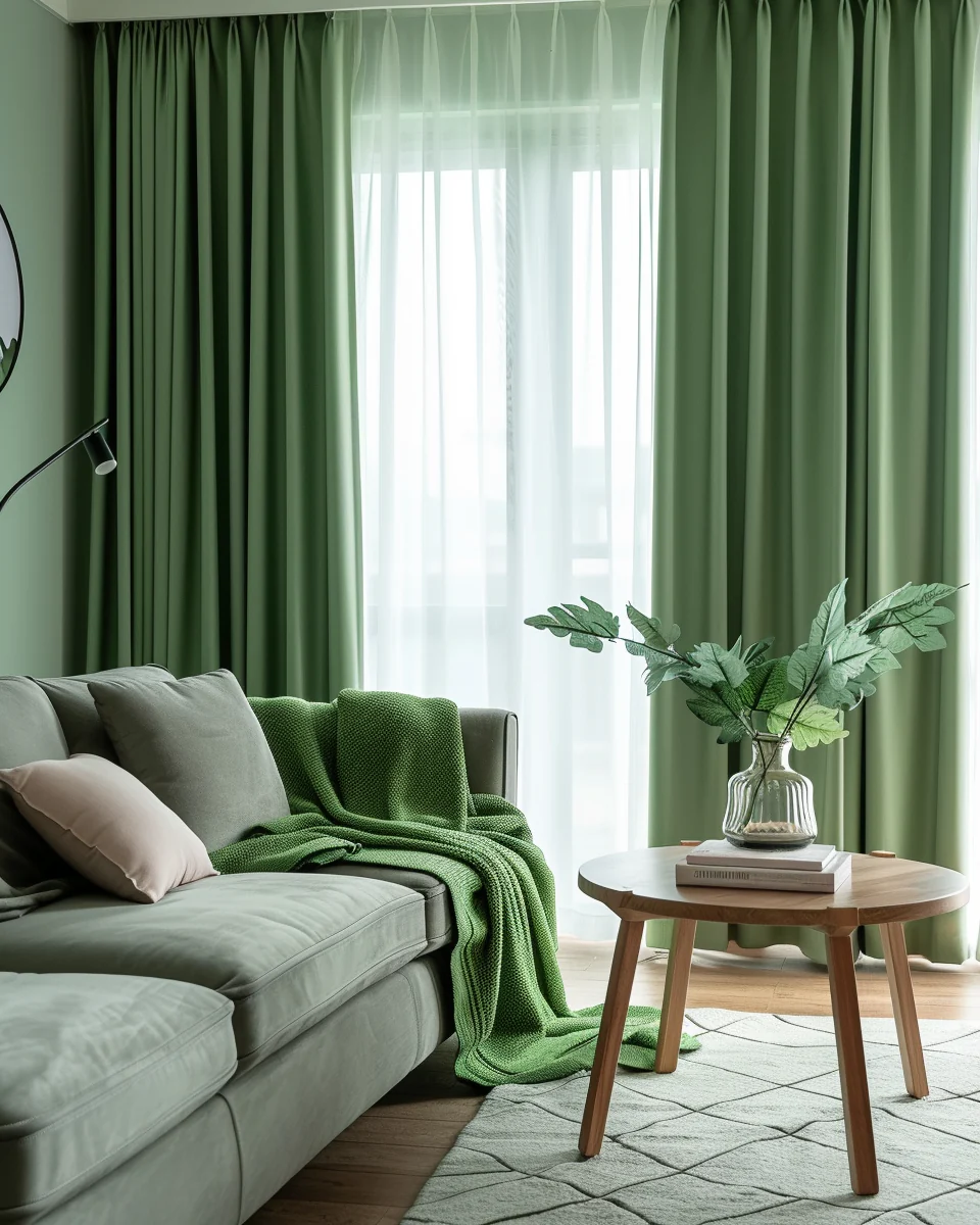 Modern Curtain Idea For Green Living Room Interior Design and Decor Ideas