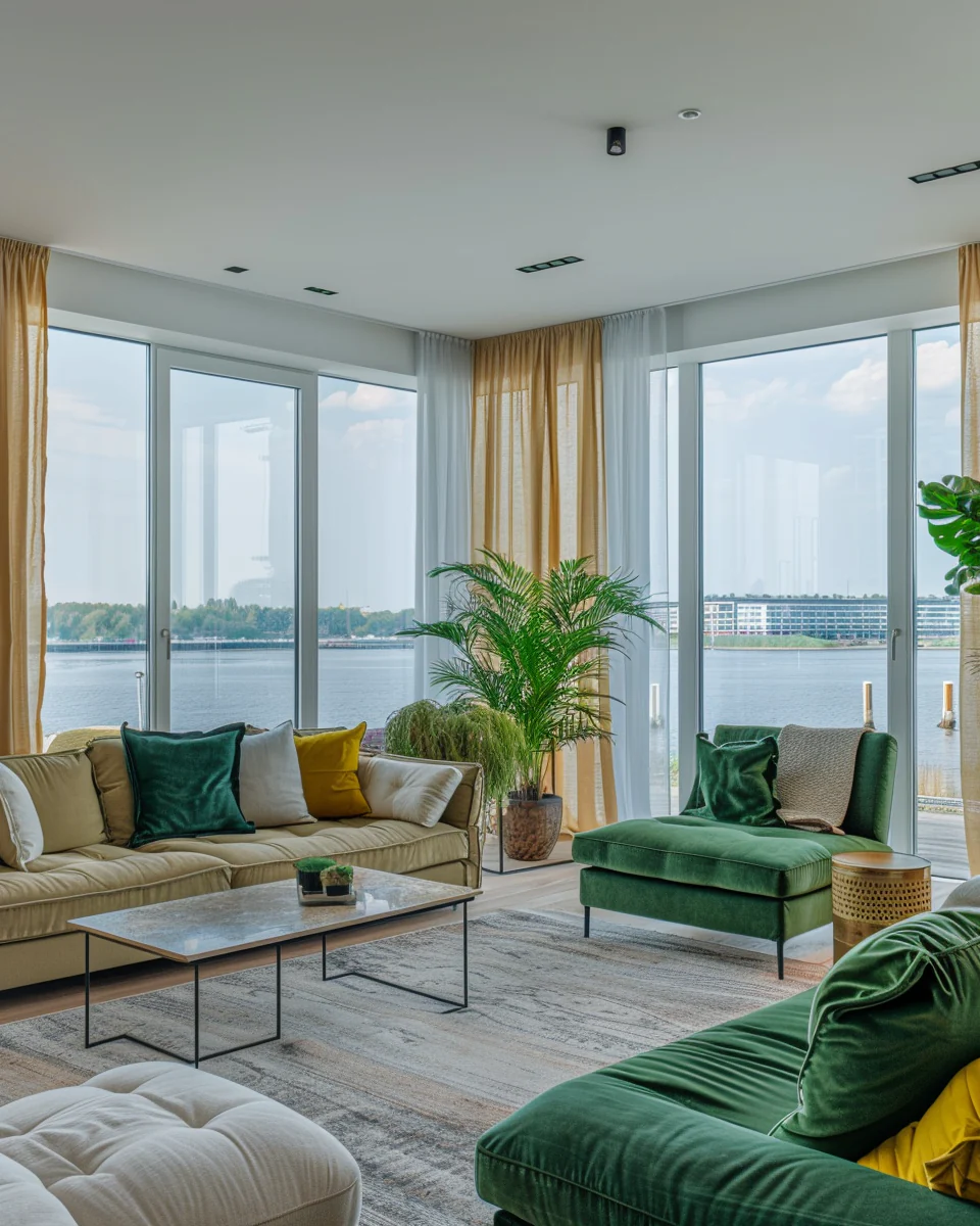 Modern Luxury Yellow And Green Living Room Interior At Waterfront Design and Decor Ideas