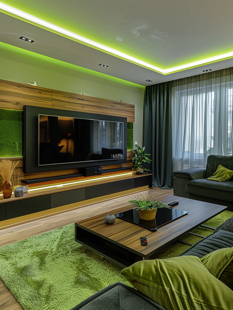 Modern Cozy Black And Green Living Room Interior With Tv Wall Design and Decor Ideas