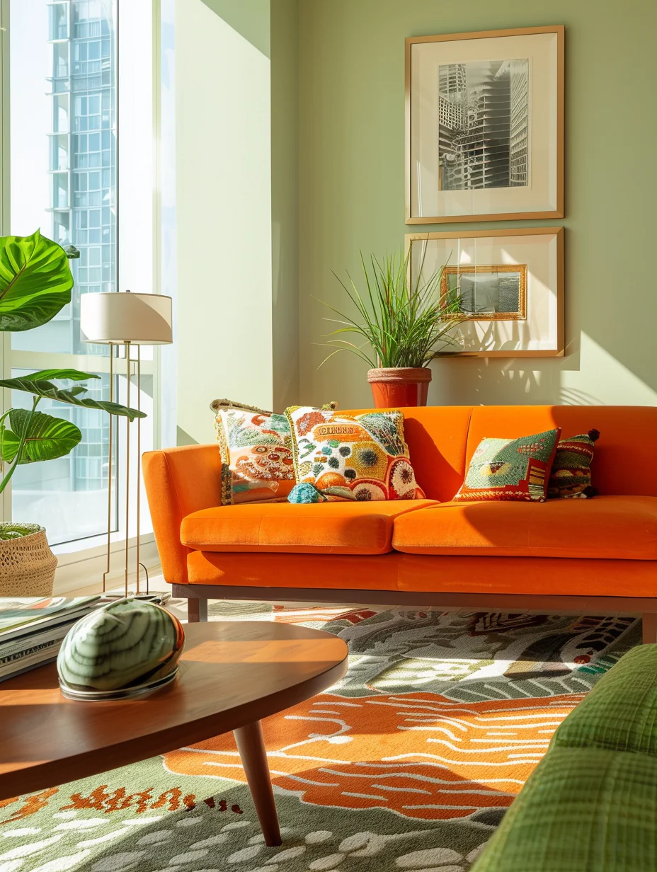 Modern Orange And Green Living Room Interior With A View Design and Decor Ideas