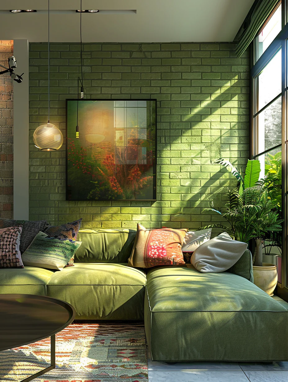 Modern Minimalist Green Living Room Interior With Sunglow Design and Decor Ideas