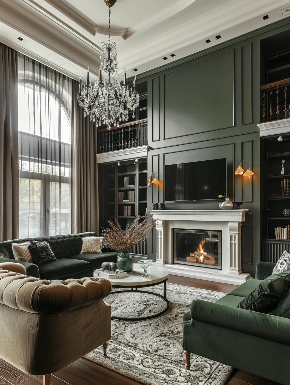 Modern Luxury Dreamy Green Living Room Interior With Fireplace Design and Decor Ideas