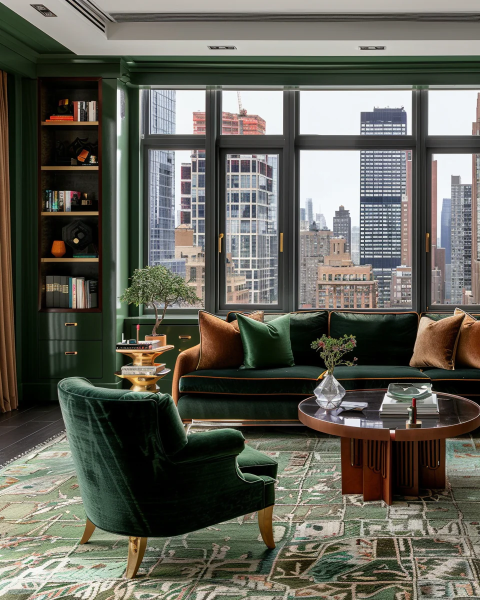 Modern New York Green Living Room Interior With A View Design and Decor Ideas