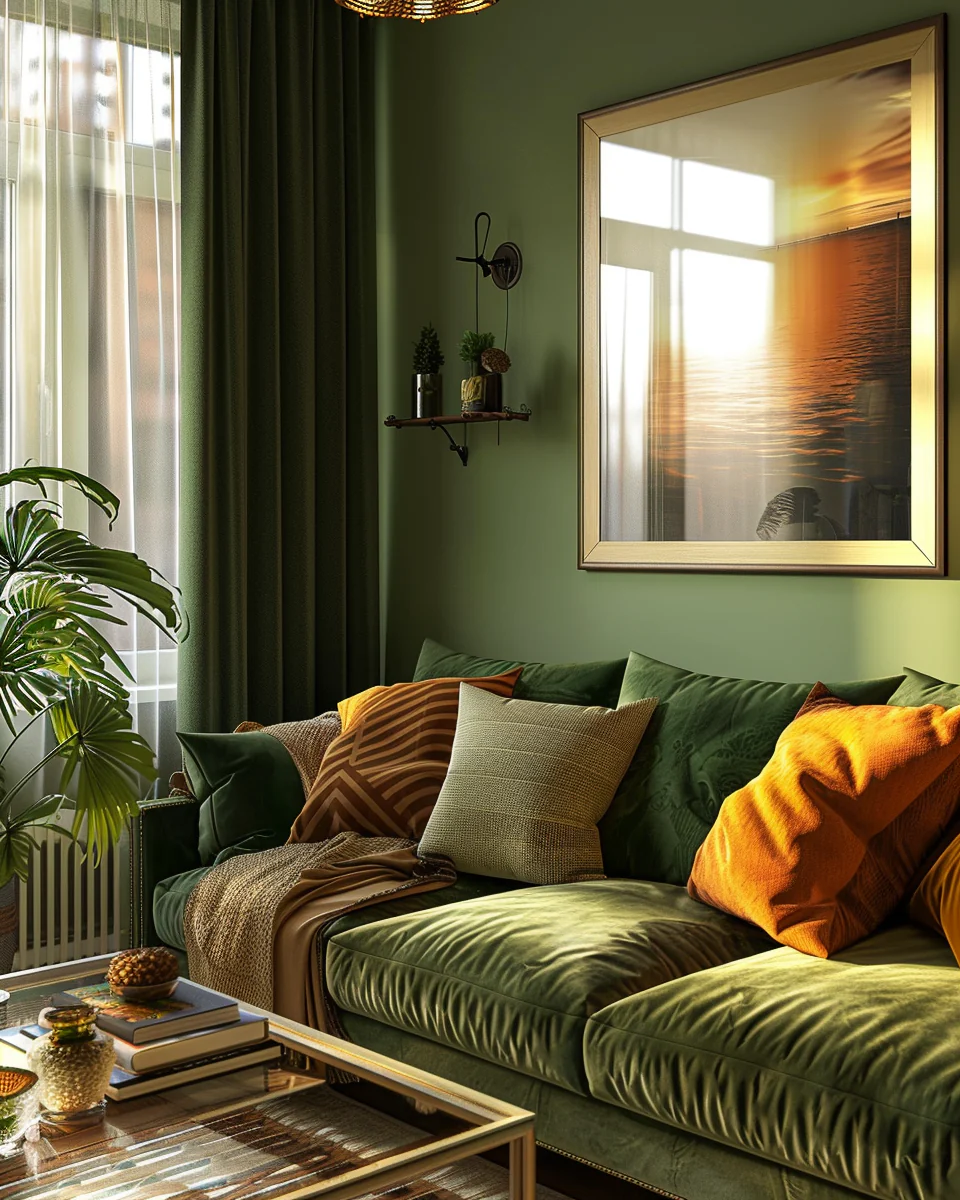 Modern Cozy Small Space Green Living Room Interior With Sunglow Design and Decor Ideas