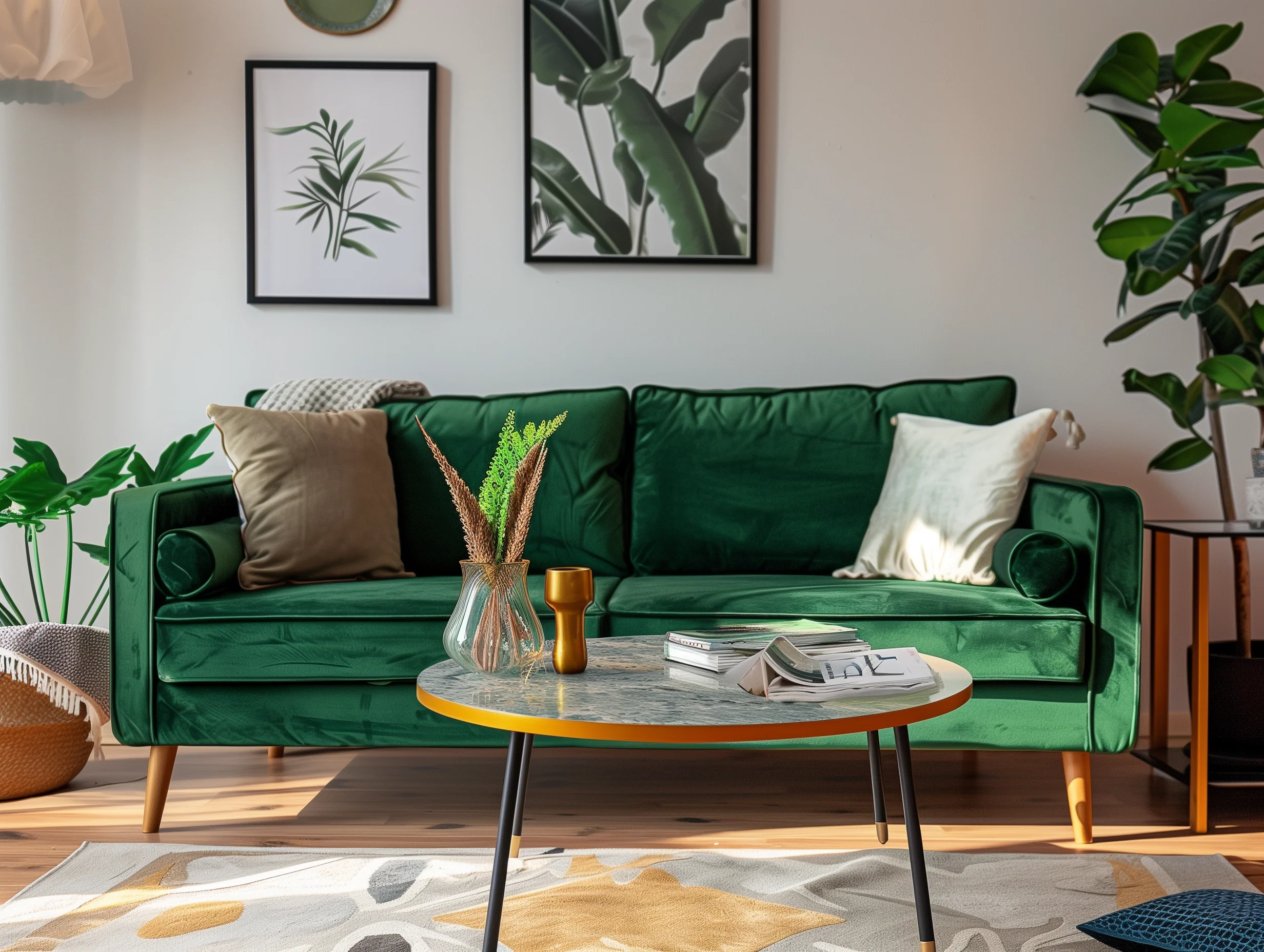 Green Velvet Sofa In Living Room Design Ideas