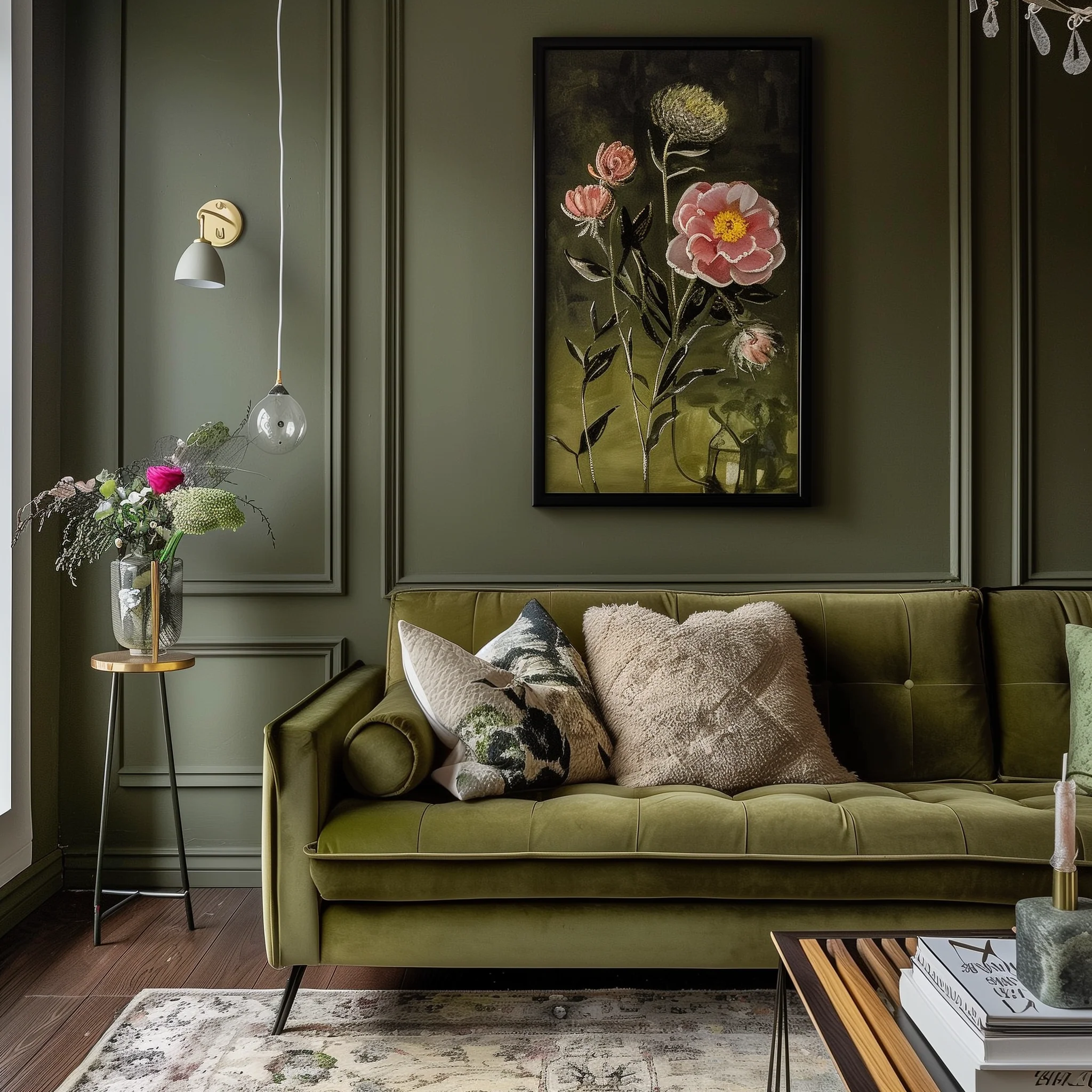 Dark Olive Green Sofa In Living Room Design Ideas