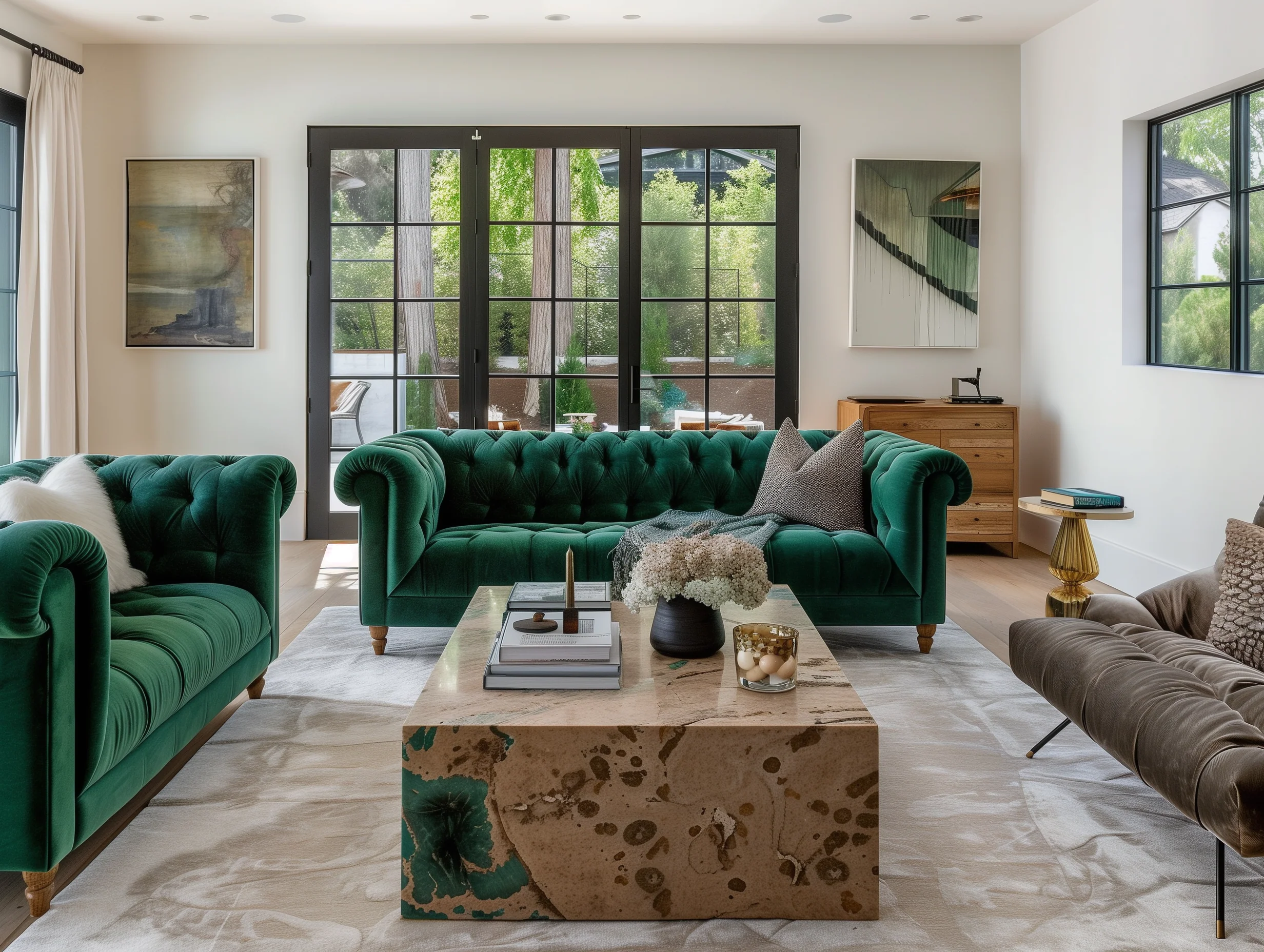 Tufted Green Sofa In Living Room Design Ideas