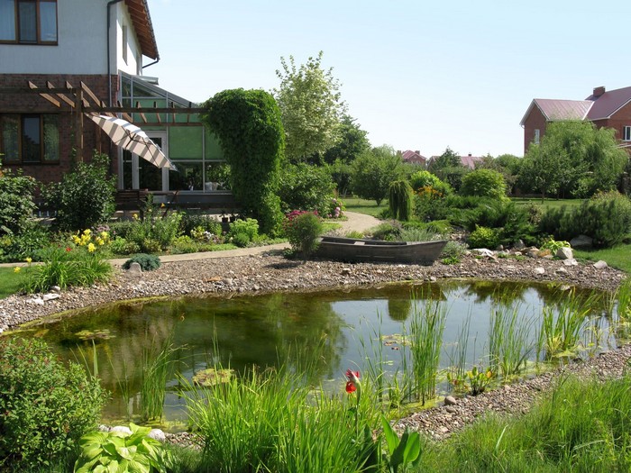 Aménagement paysager du site au bord de l'étang