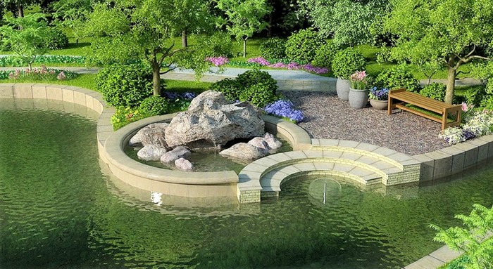 Aménagement paysager du site au bord de l'étang