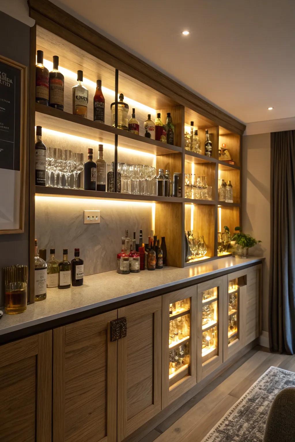 Concealed illumination subtly distinguishes shelves.