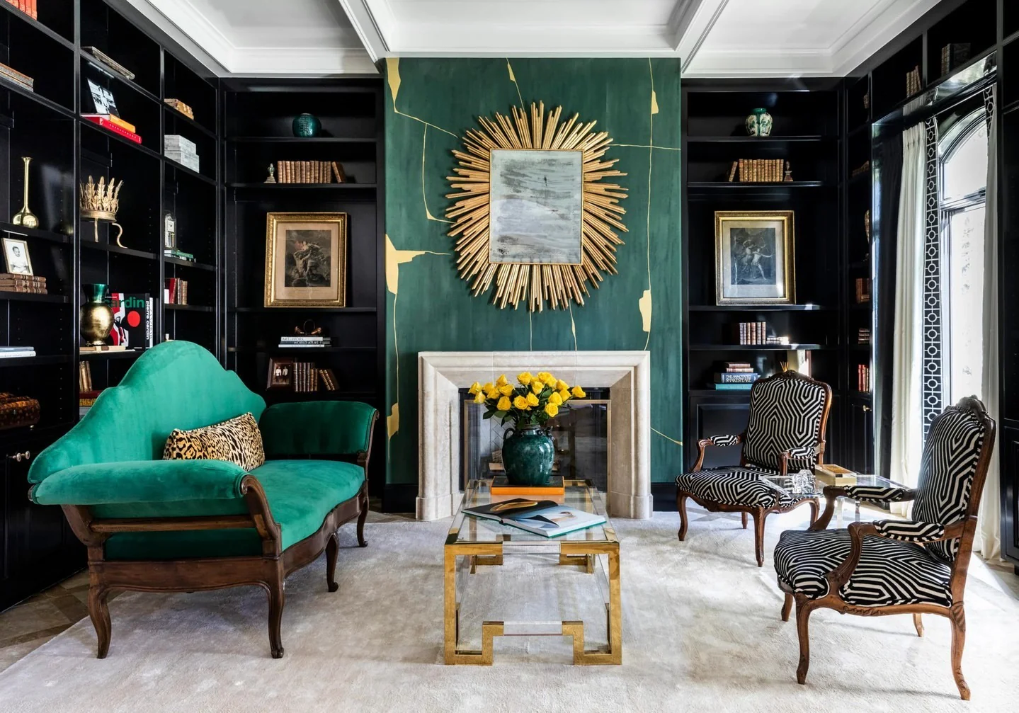 7. Bold Library Glam: Emerald Feature Wall with Gold Sunburst (Emerald Green and Gold Living Room Ideas)