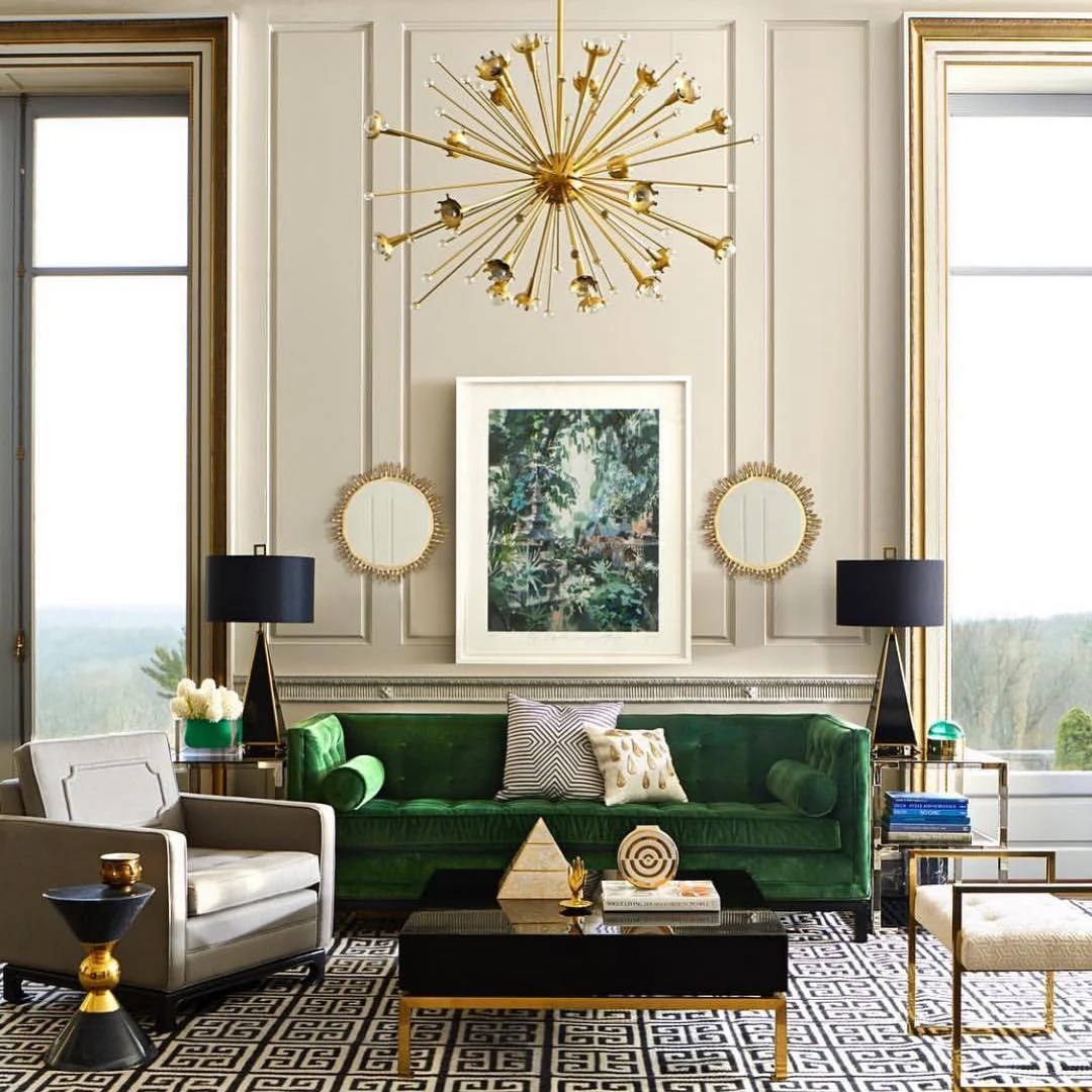 13. Classic Luxe Symmetry: Emerald Sofa with Gold Lighting and Black Accents (Emerald Green and Gold Living Room Ideas)