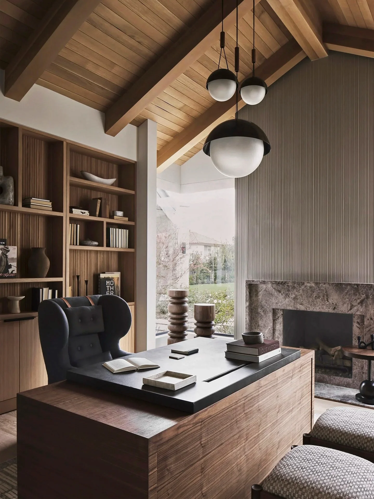 2. Modern Timber Office with Layered Natural Tones and a Black Desk Accent (Black Desk Office Ideas)