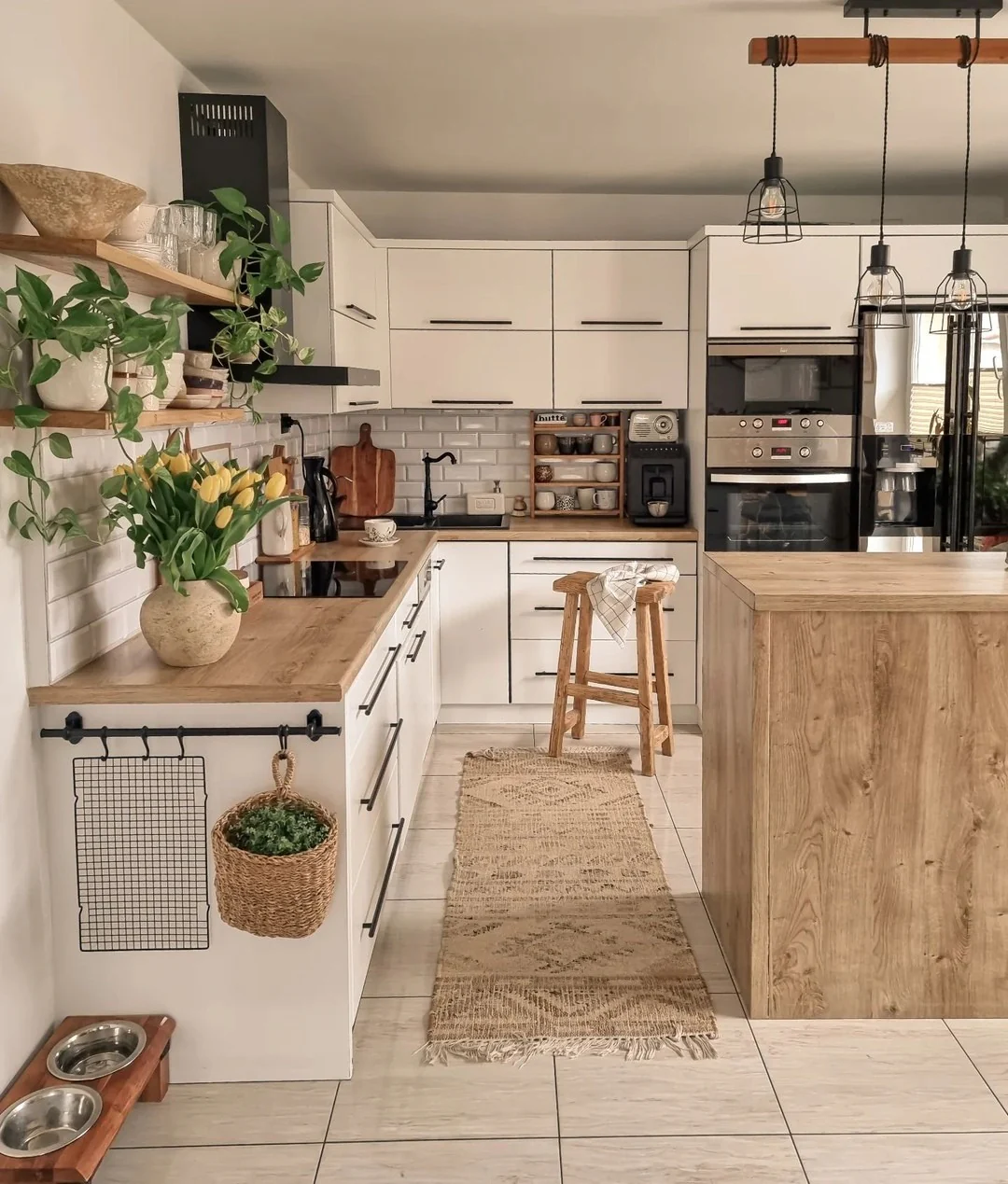 2. Modern Boho Kitchen with Warm Wood & Greenery (Bohemian Kitchen Ideas)