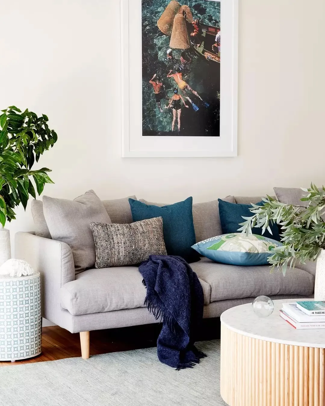 3. Modern Coastal Comfort with Teal Accents (Living Room Ideas with Indoor Plants)