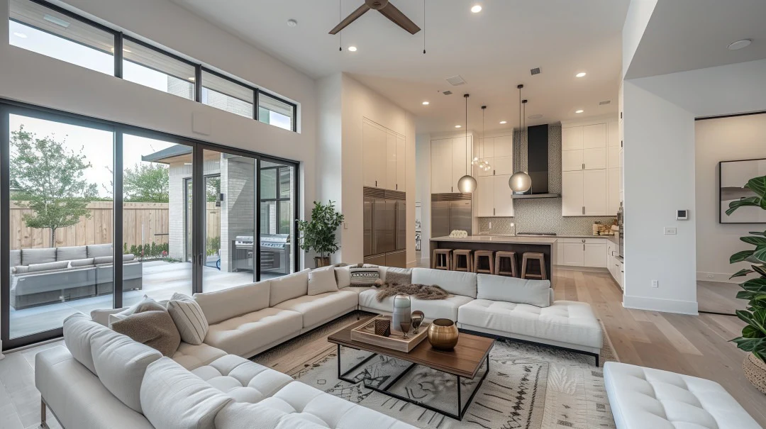 1. Modern Contrast with Warm Accents (Open Concept Living Room Ideas)