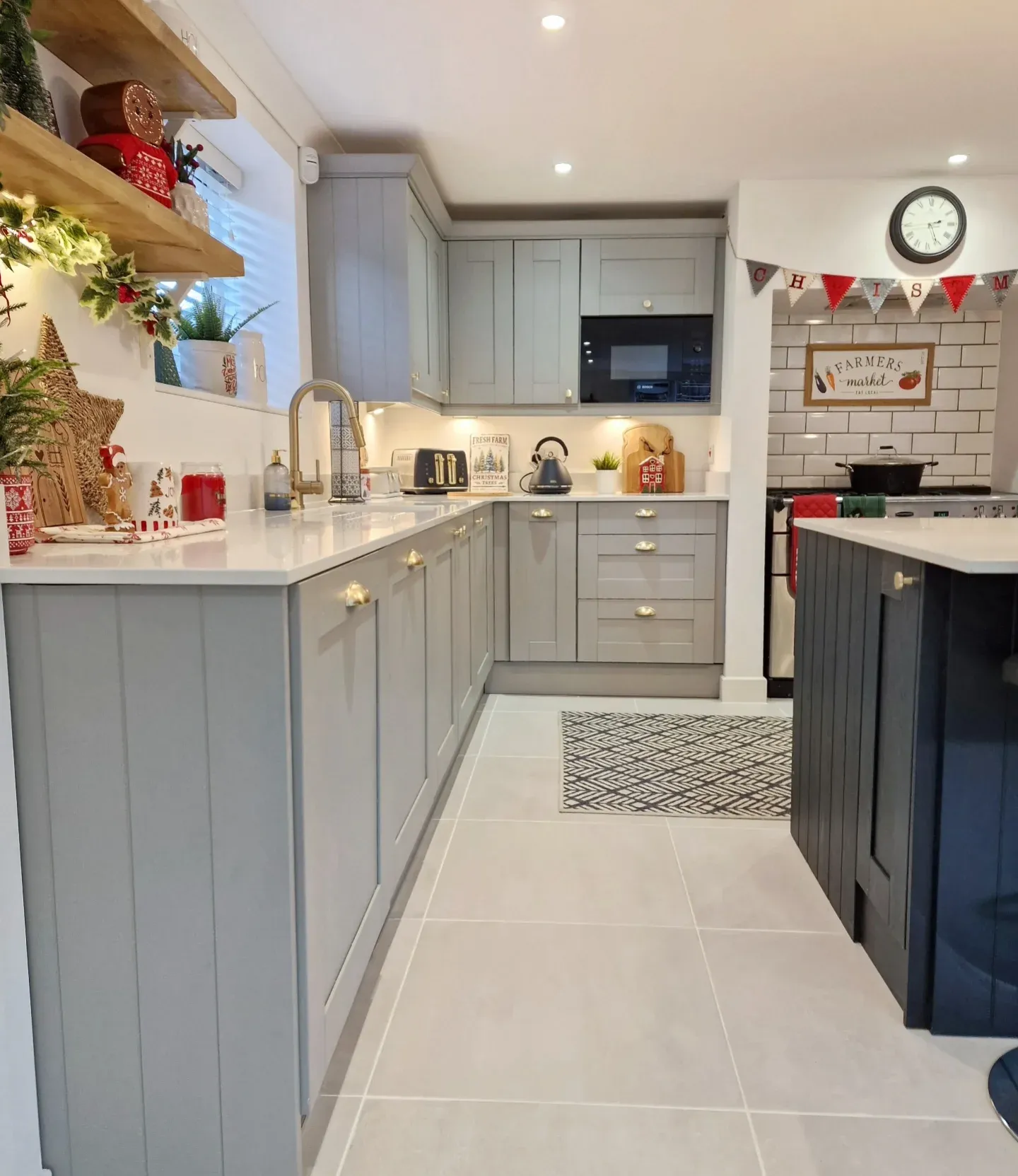 8. Coastal Grey Kitchen with White Floor Tiles and Open Shelving (White Floor Kitchen Ideas)