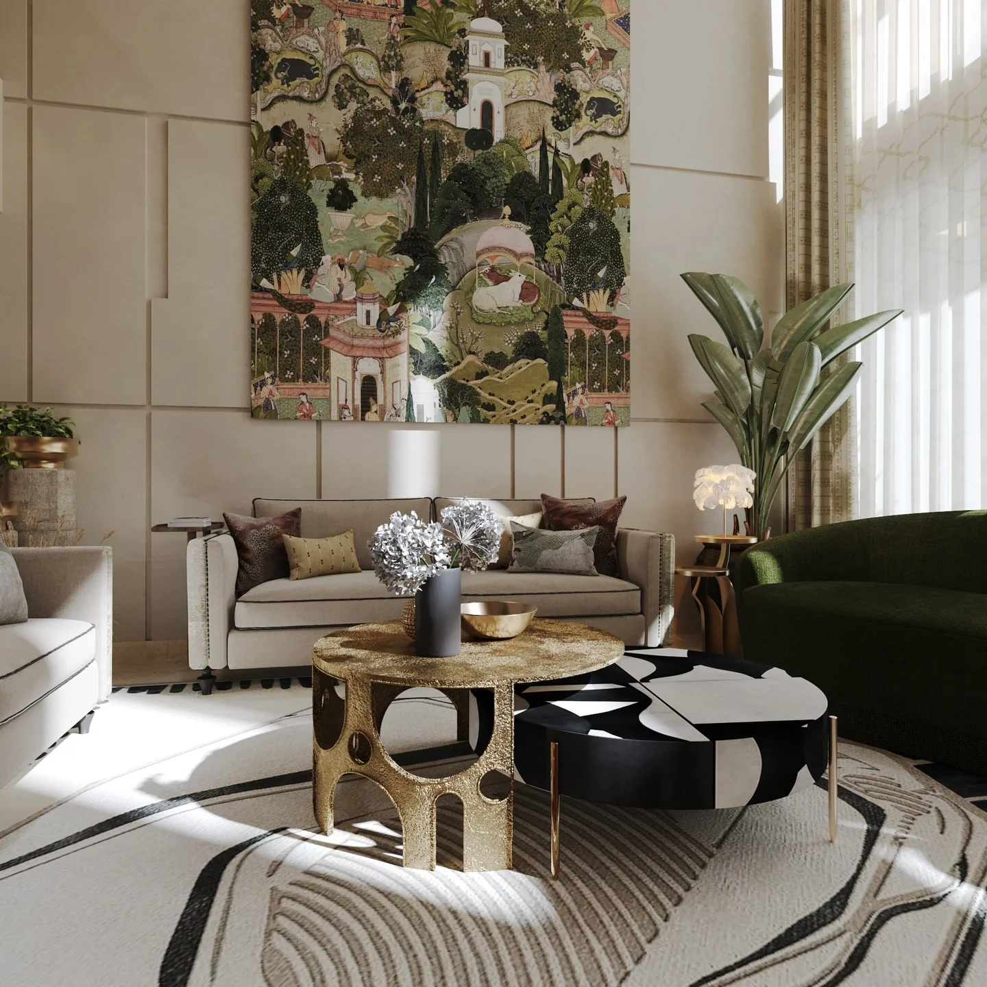 1. Layered Luxe with Art-Inspired Neutrality (Accent Wall Ideas for Living Room)