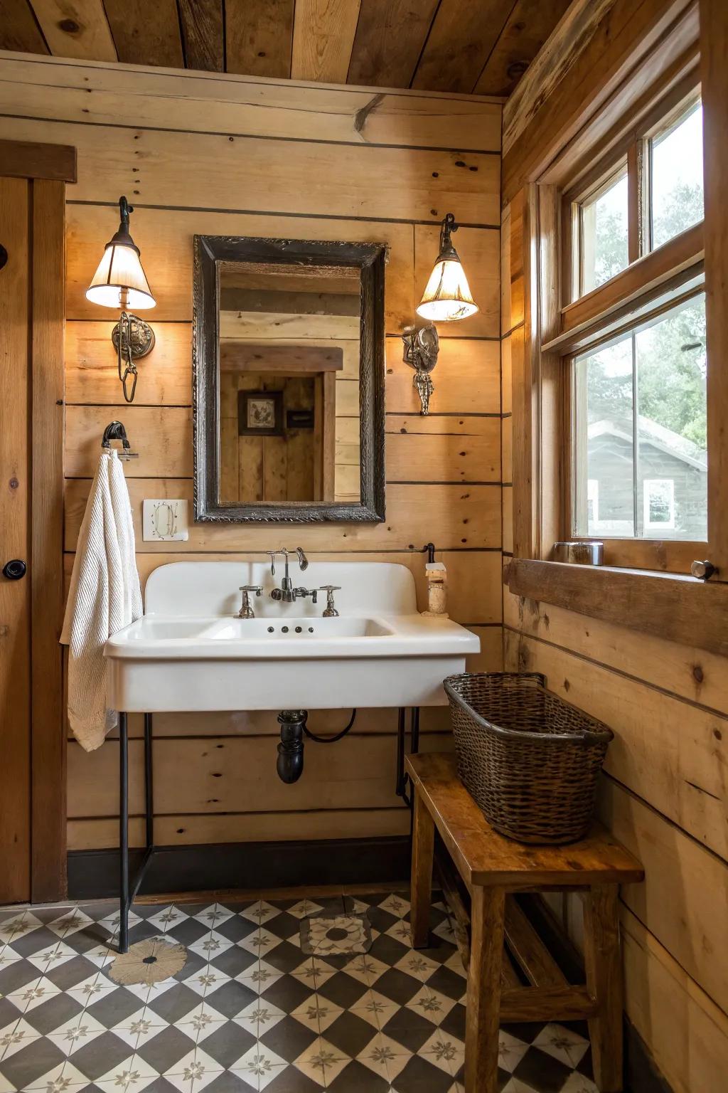 Farmhouse basins and vintage fixtures elevate the country charm.