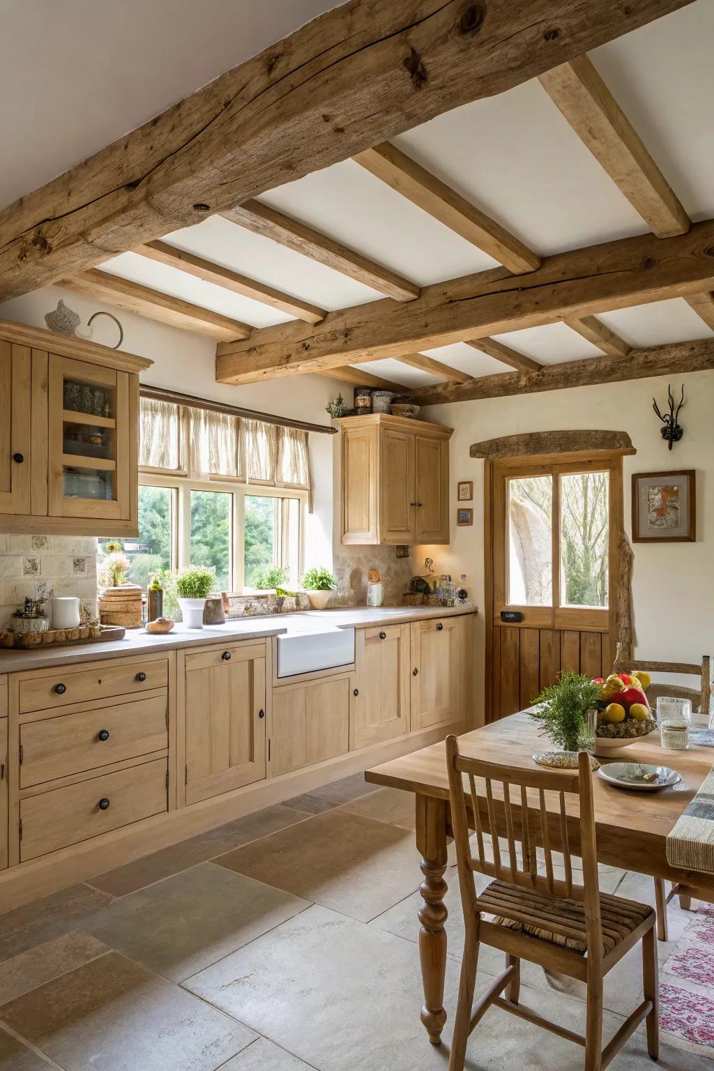 Rustic beams enhance the farmhouse charm of a kitchen designed with light wood cabinets.