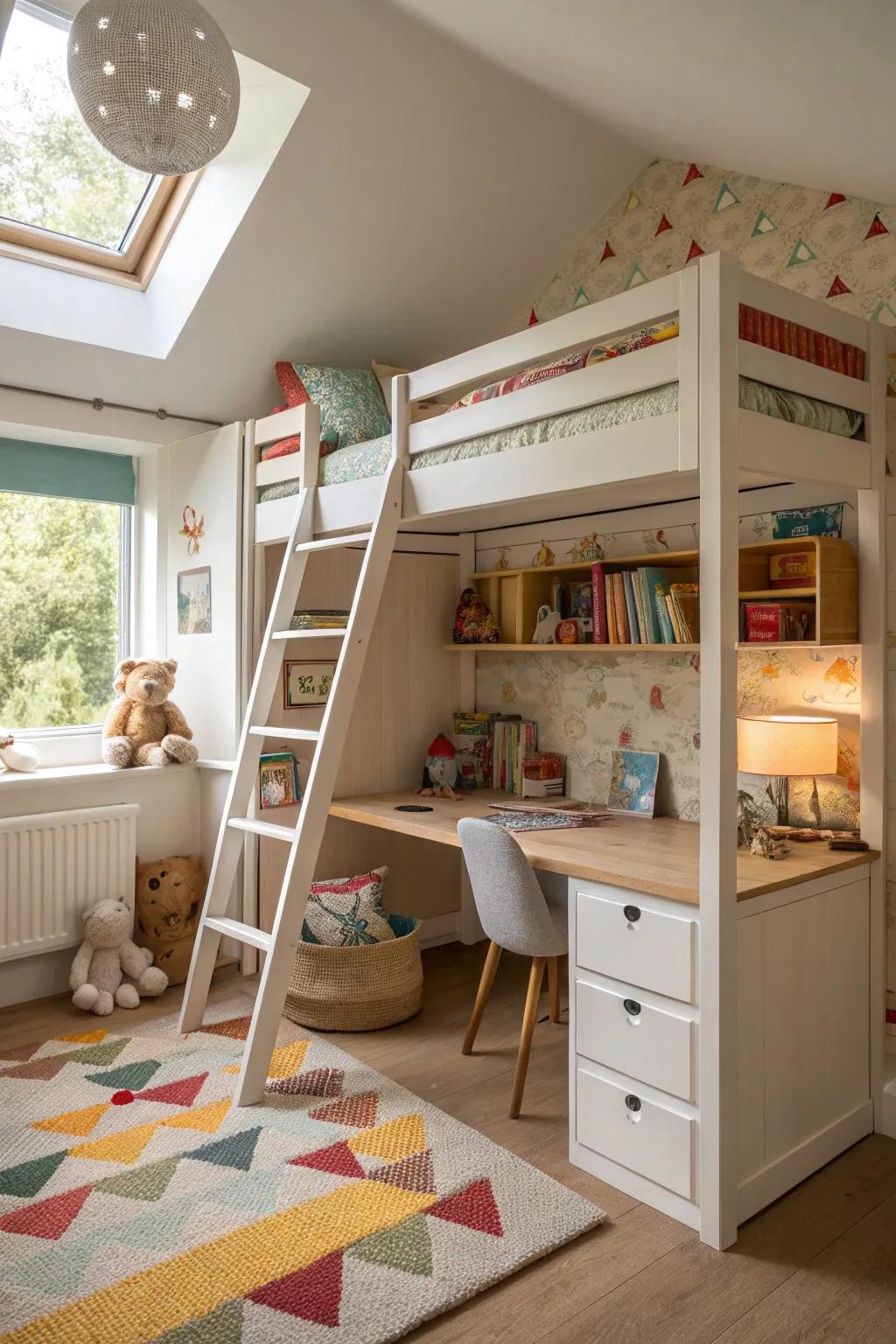 A compact youngsters' room featuring a groundbreaking tiered sleeping arrangement design.
