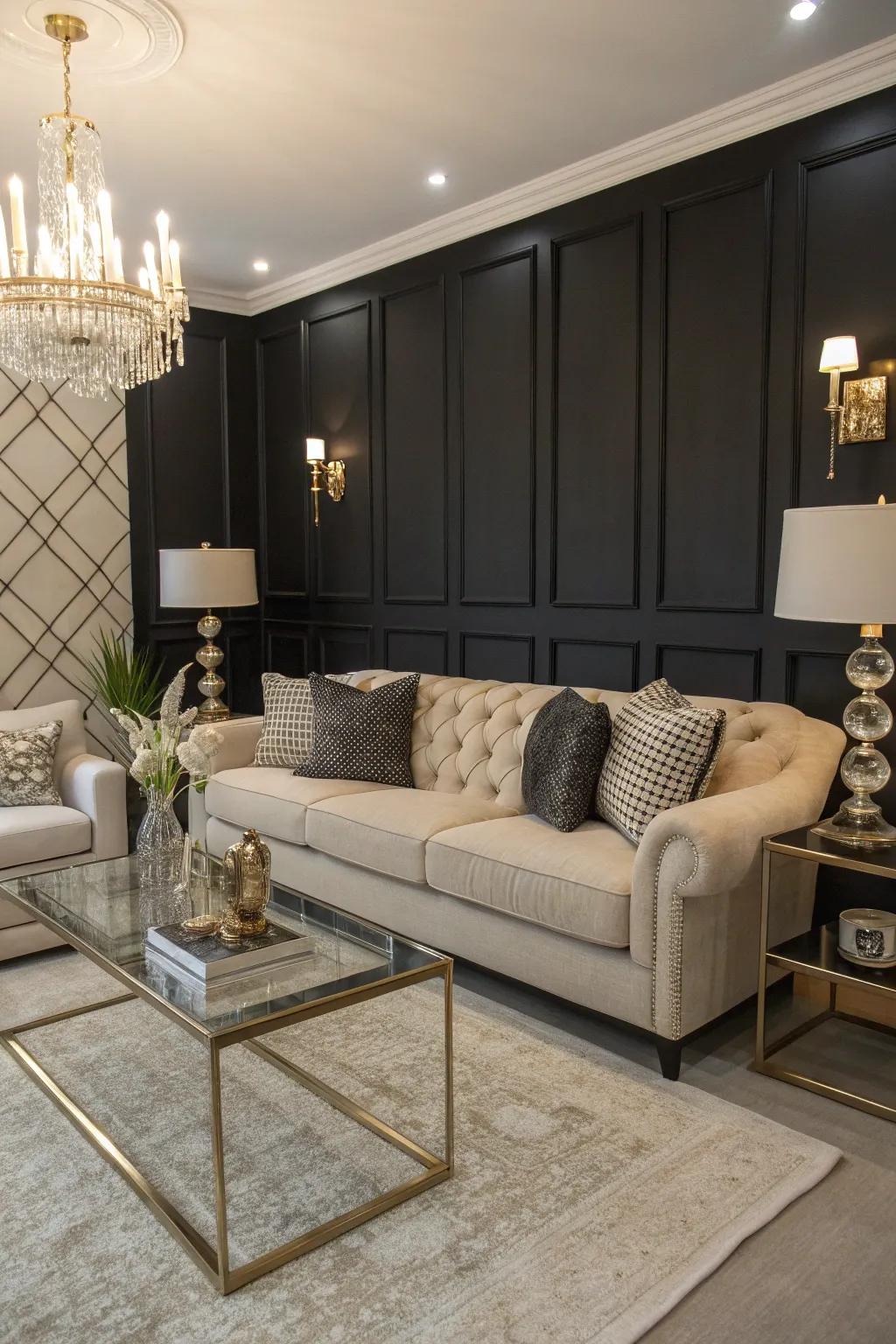 An elegant living room with a black accent wall.