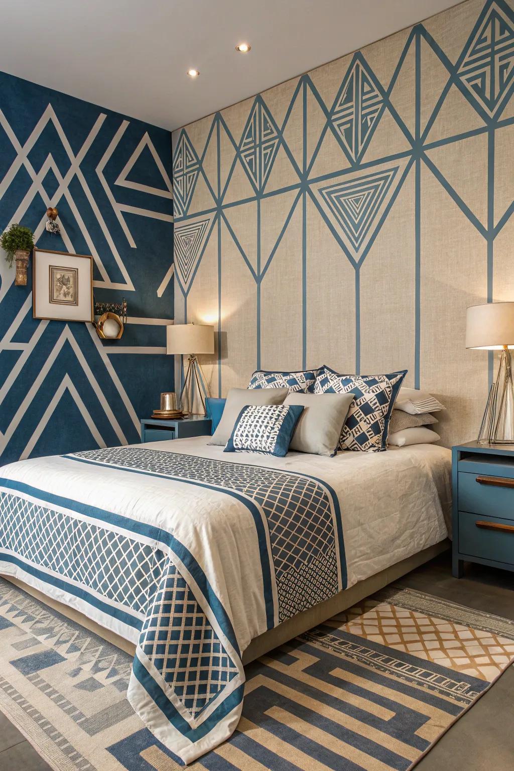Geometric patterns in blue and beige add a modern twist to the room.