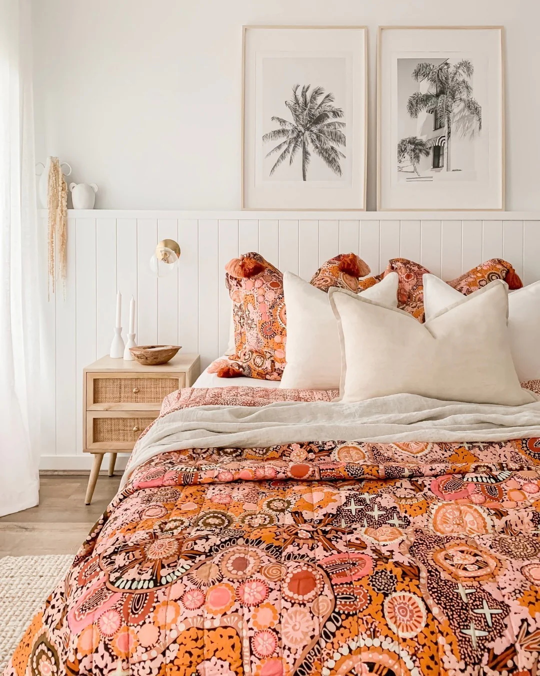 1. Boho Coral Retreat with Global Textiles (Coral Bedroom Ideas)