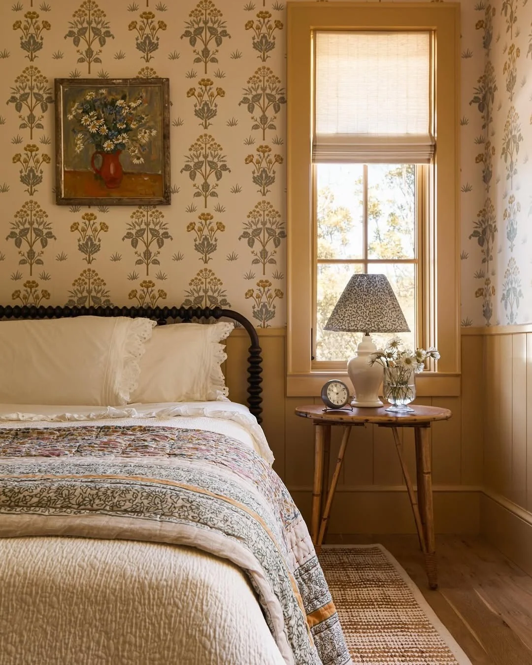1. Vintage Bloom and Mustard Tones (Earth Tones Bedroom Ideas)