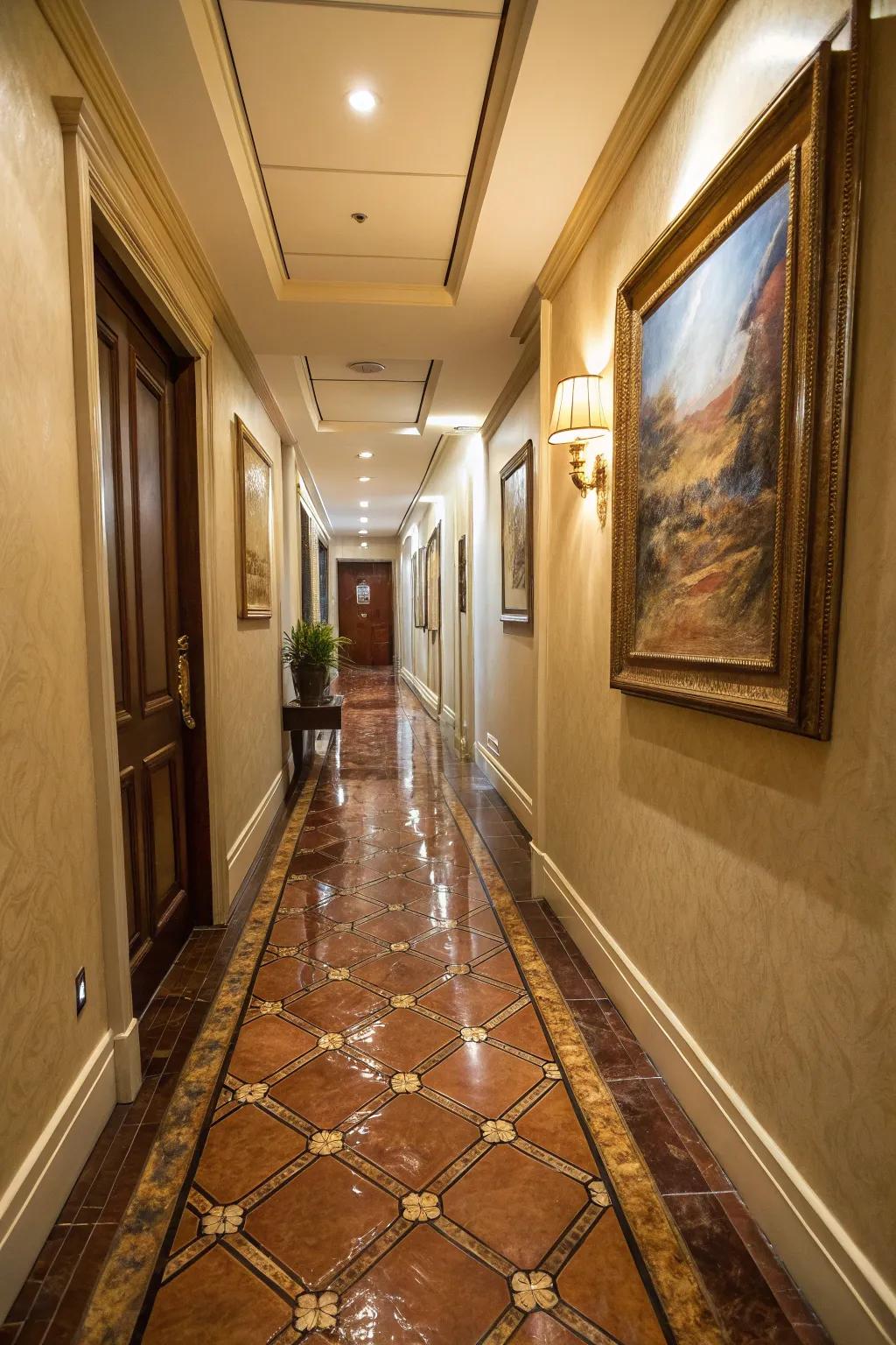 Leather squares present a lavish and resilient ground alternative for slender hallways.