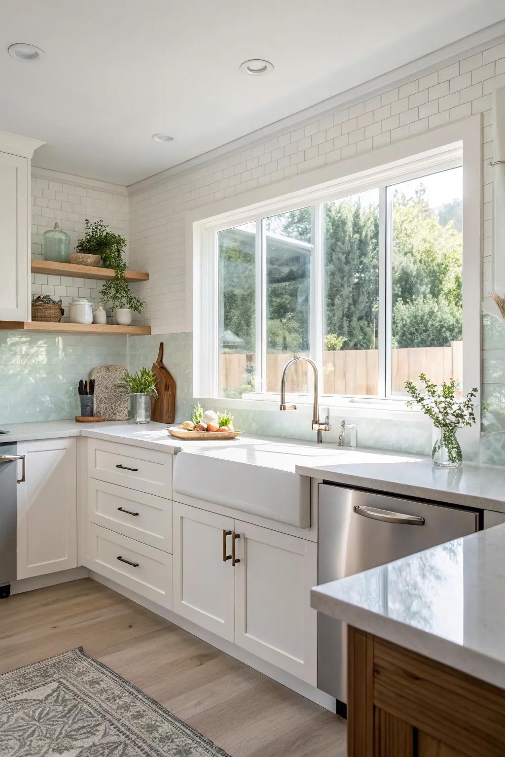 A continuous glass backsplash that blends effortlessly with the window, enhancing the kitchen's open feel.