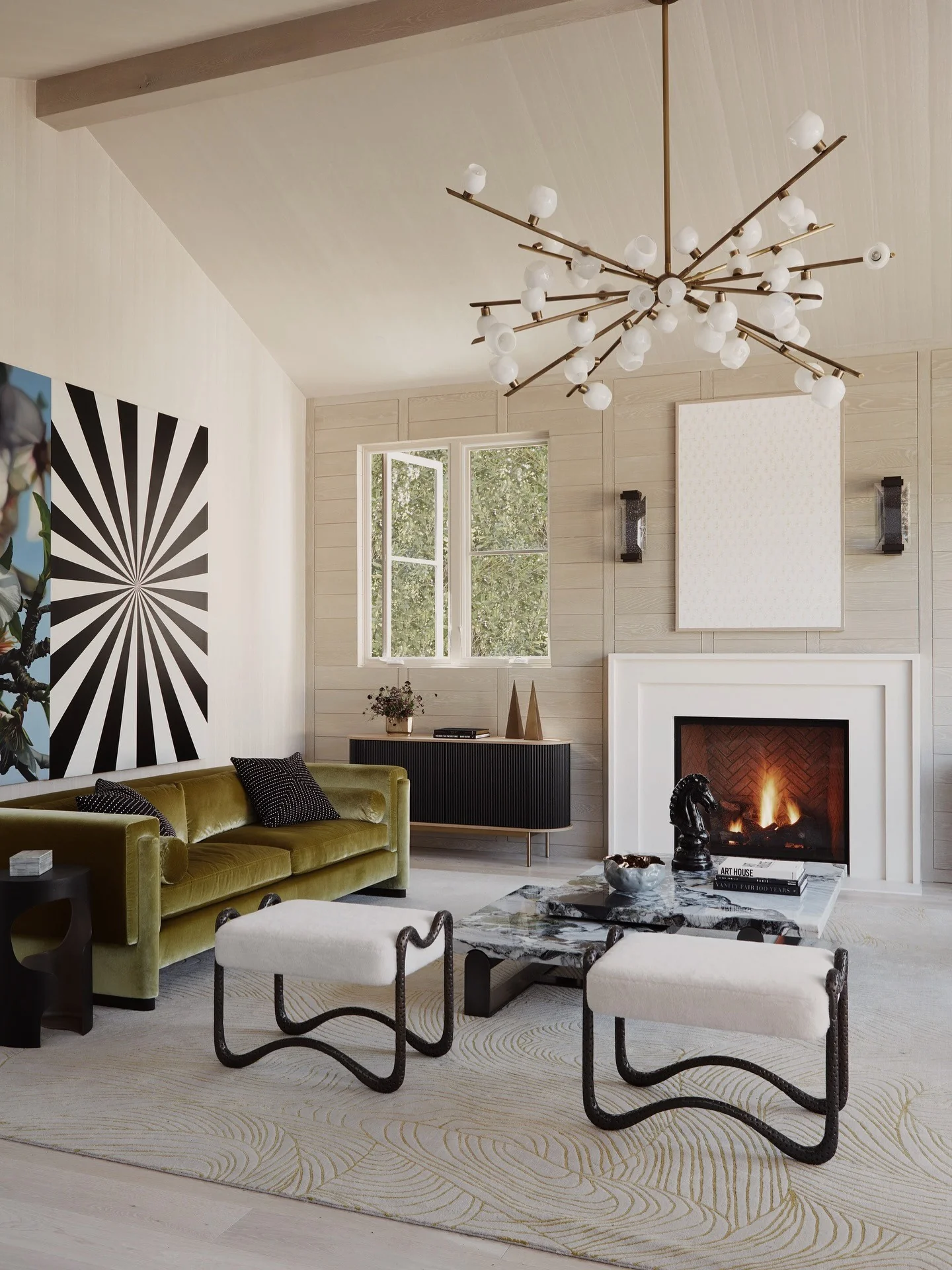 1. Modern Contrast with Olive Green Accents (Living Room Carpet Ideas)