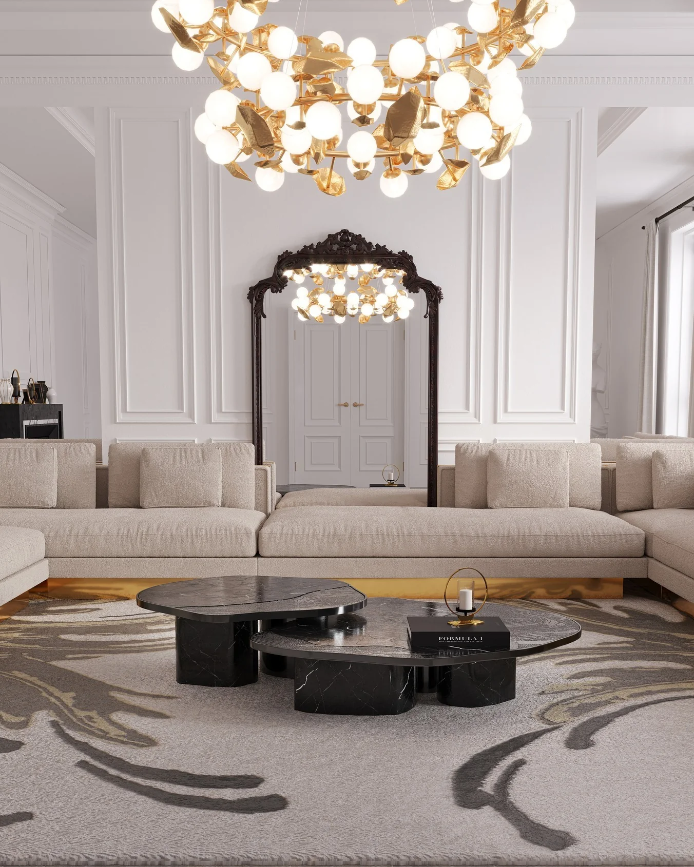 1. Glamorous Drama with Ornate Reflection (Living Room Mirror Ideas)