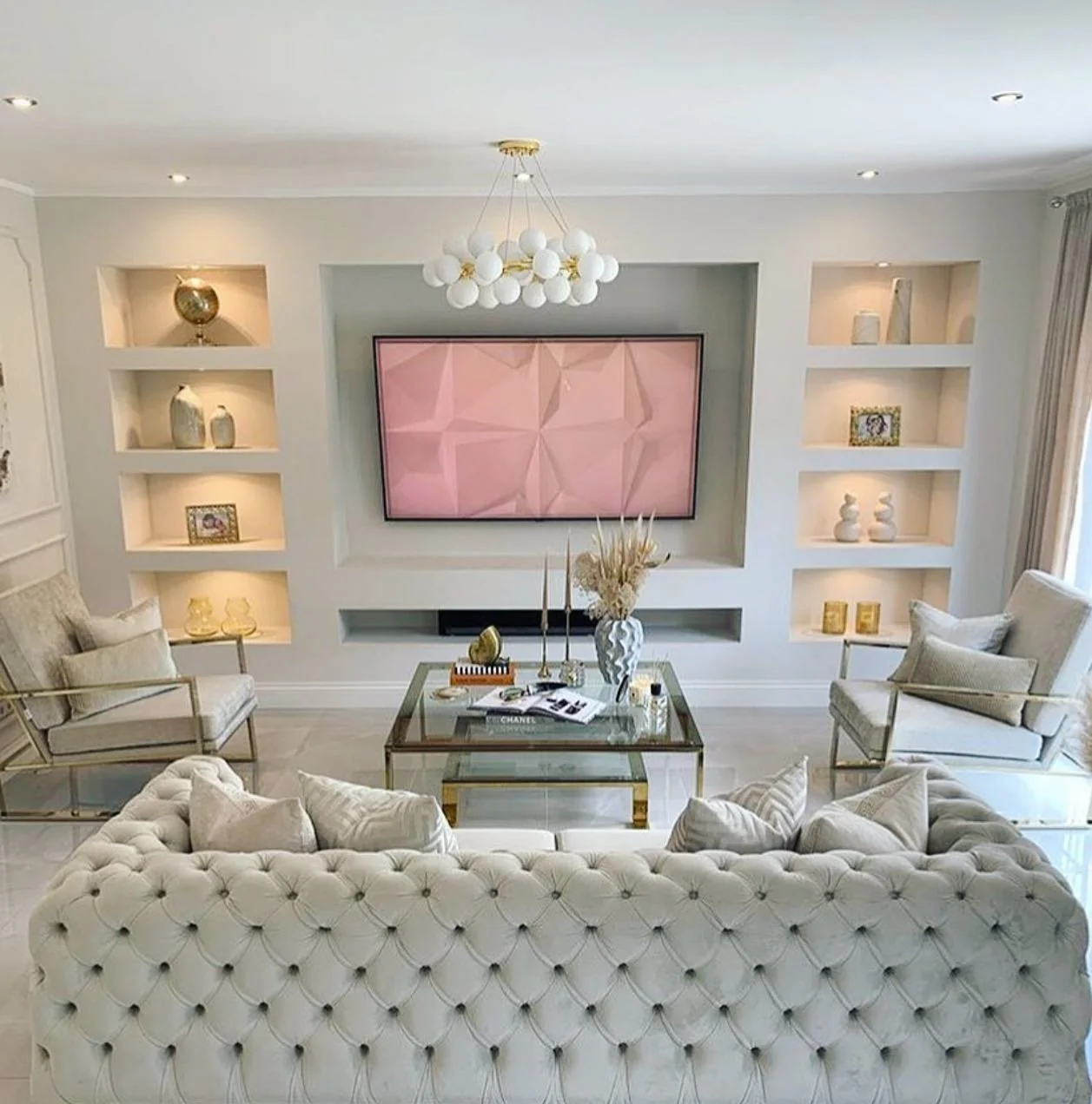 1. Glamorous Monochrome Display with Built-In Symmetry (Living Room Shelf Ideas)