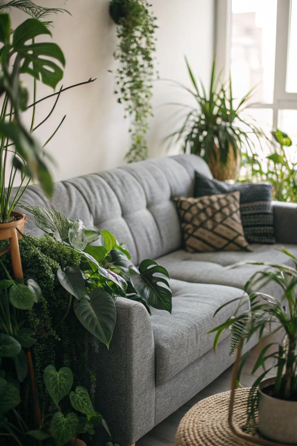 Indoor foliage breathes life into a grey sofa arrangement.