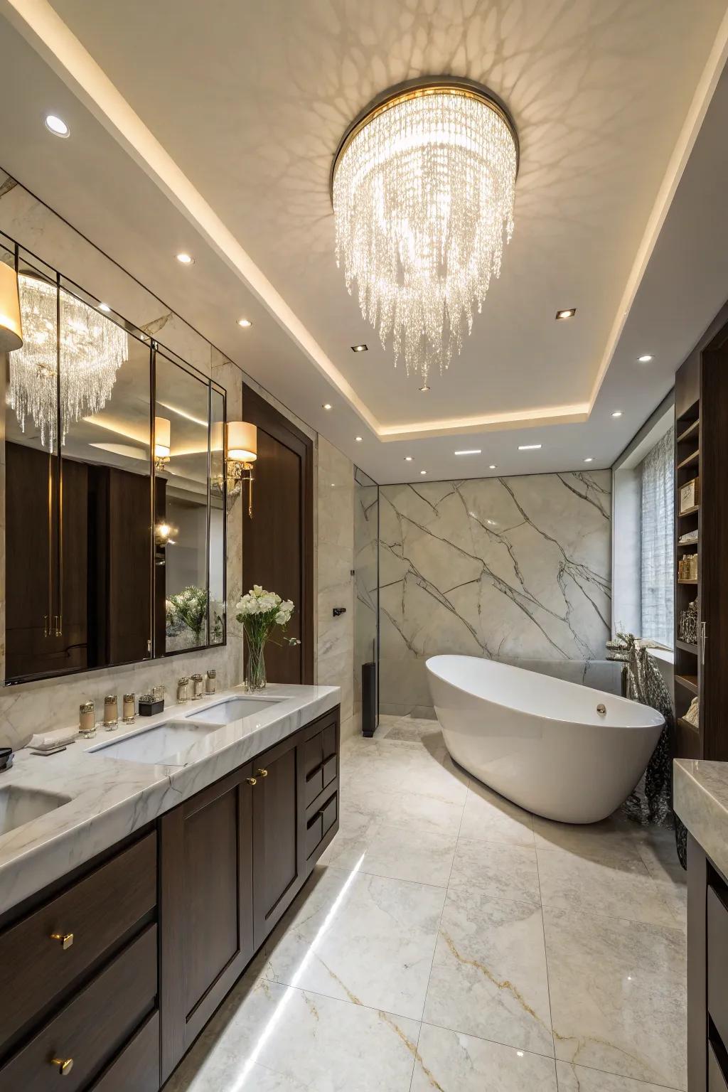 A luxurious bathroom enhanced by a modern chandelier and recessed lighting.