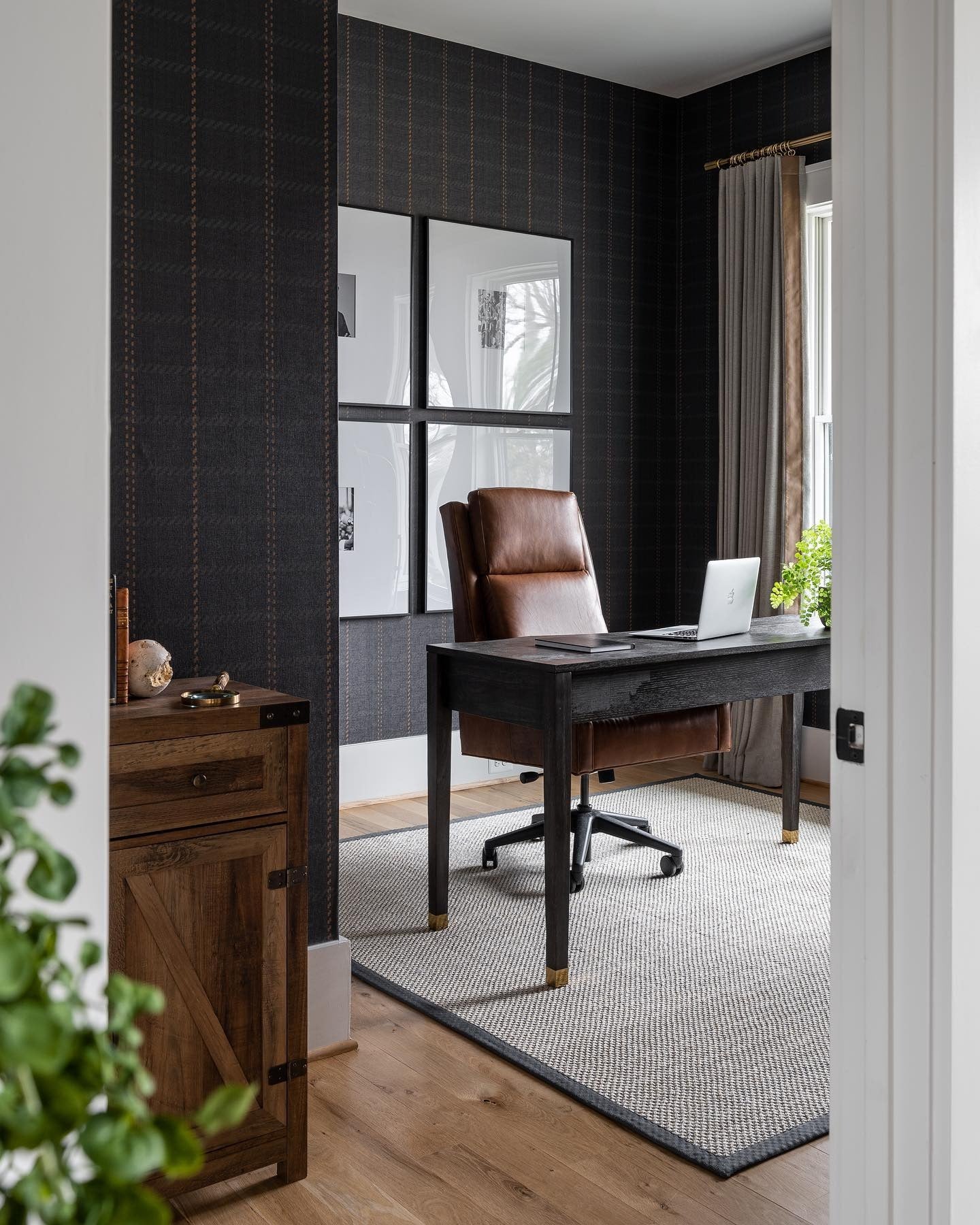 1. Dark Textured Home Office in Charcoal and Warm Brown (Moody Office Ideas)