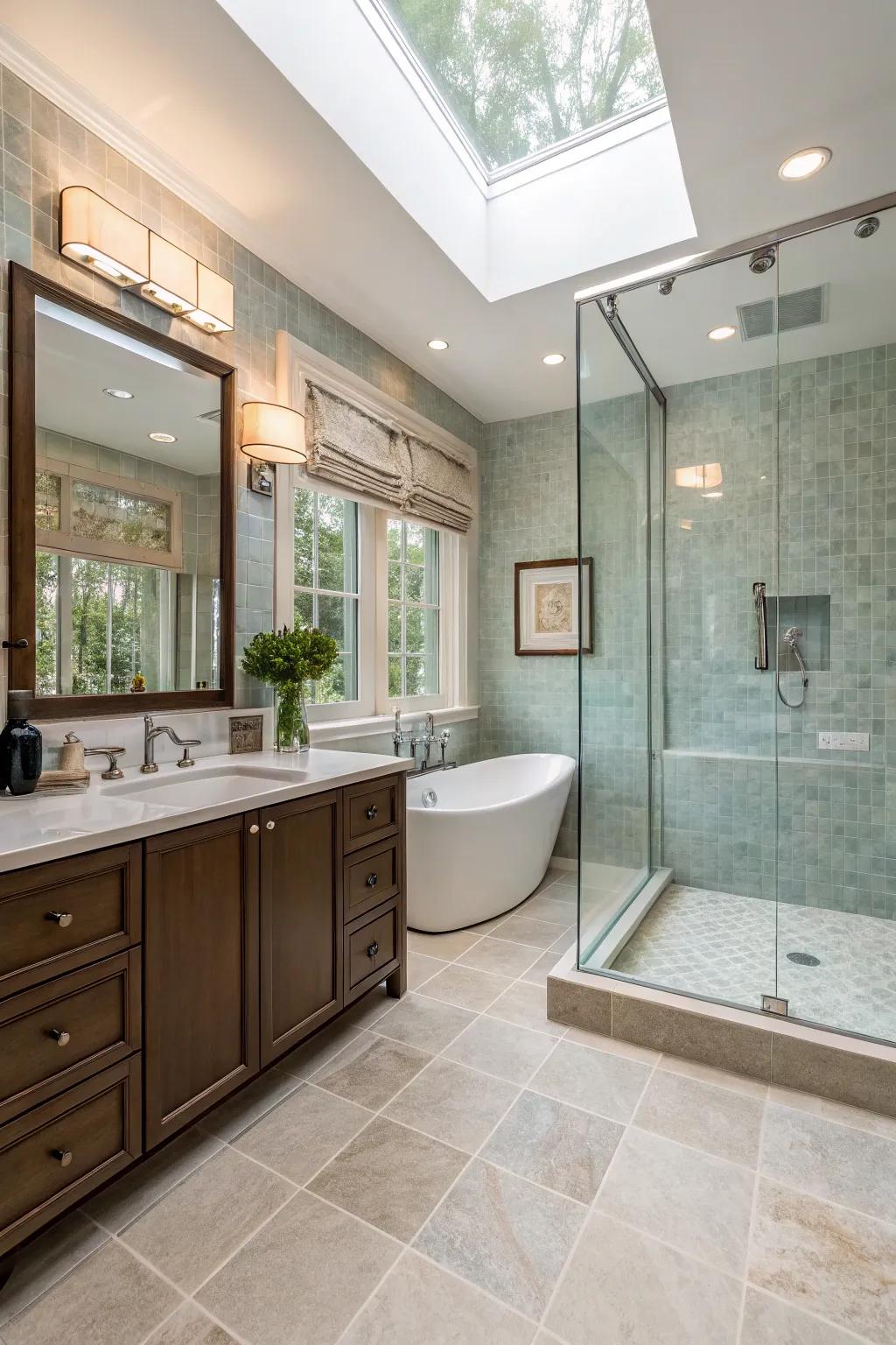 Full-height tiles establishing a unified appearance in the bathroom.