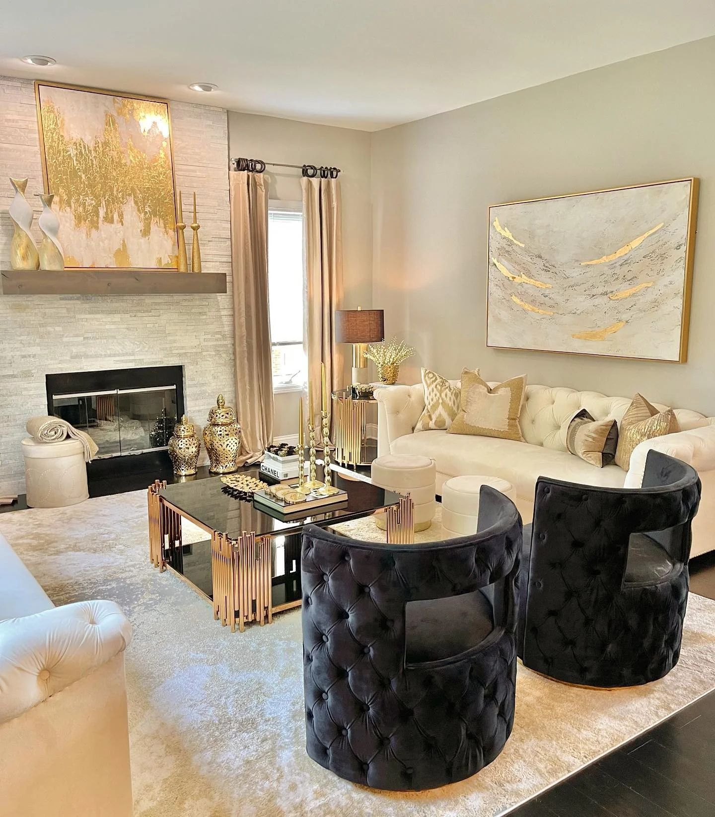 1. Modern Glam with Sculptural Balance (Black and Gold Living Room Ideas)