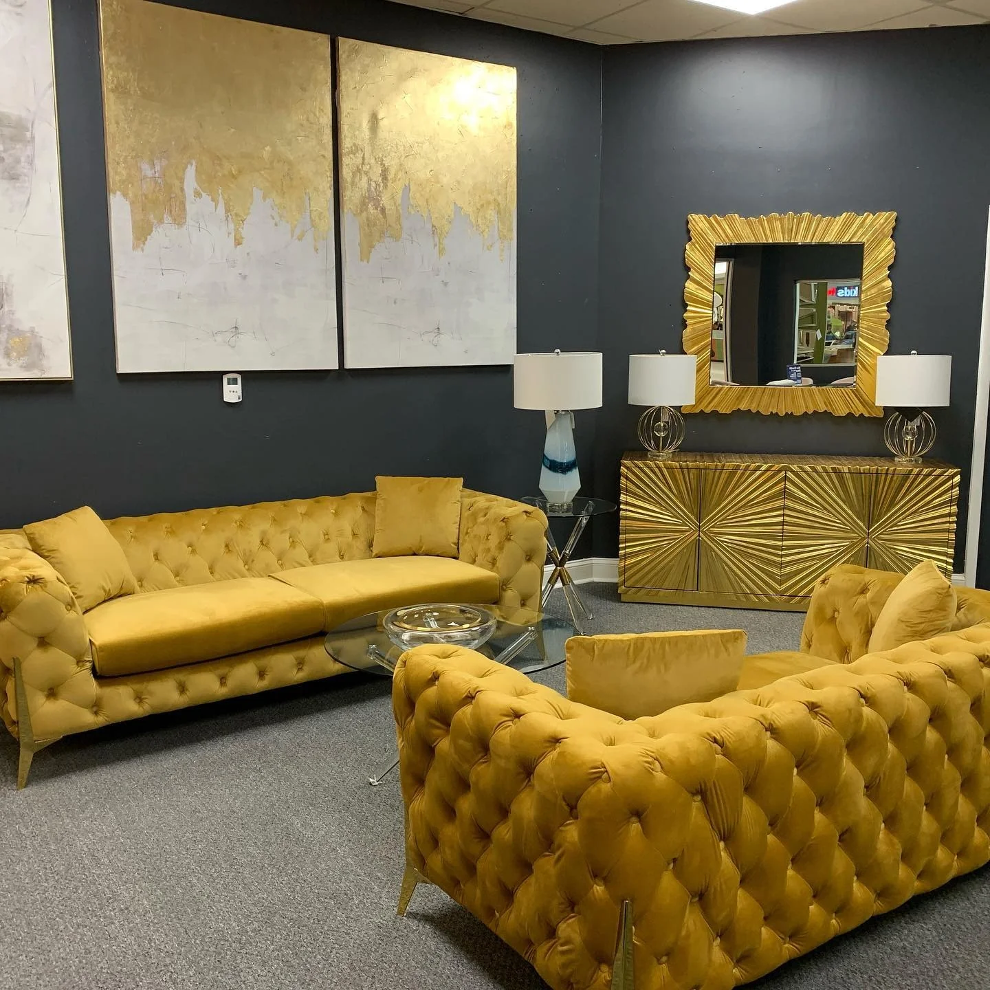1. Bold Glamour with Mustard Velvet (Gold Living Room Ideas)