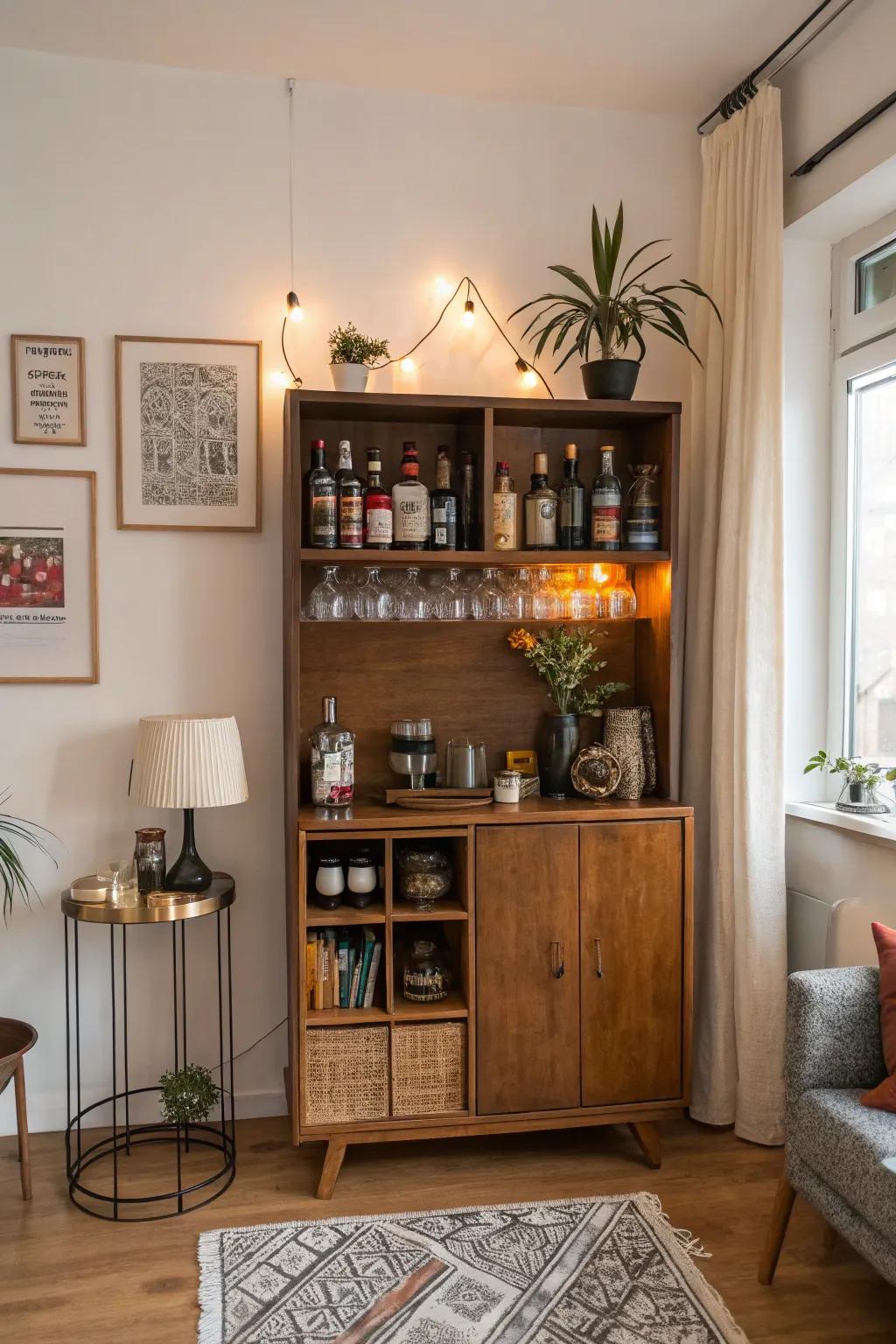 A multipurpose cabinet combines storage and entertainment without difficulty.