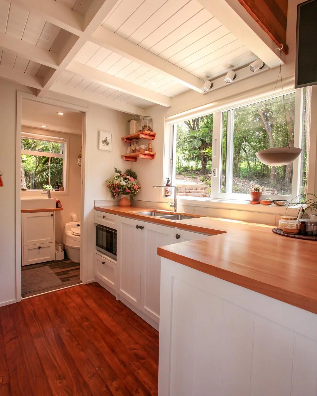 1. Warm White Cottage Kitchen with Natural Wood Accents (Tiny House Kitchen Ideas)