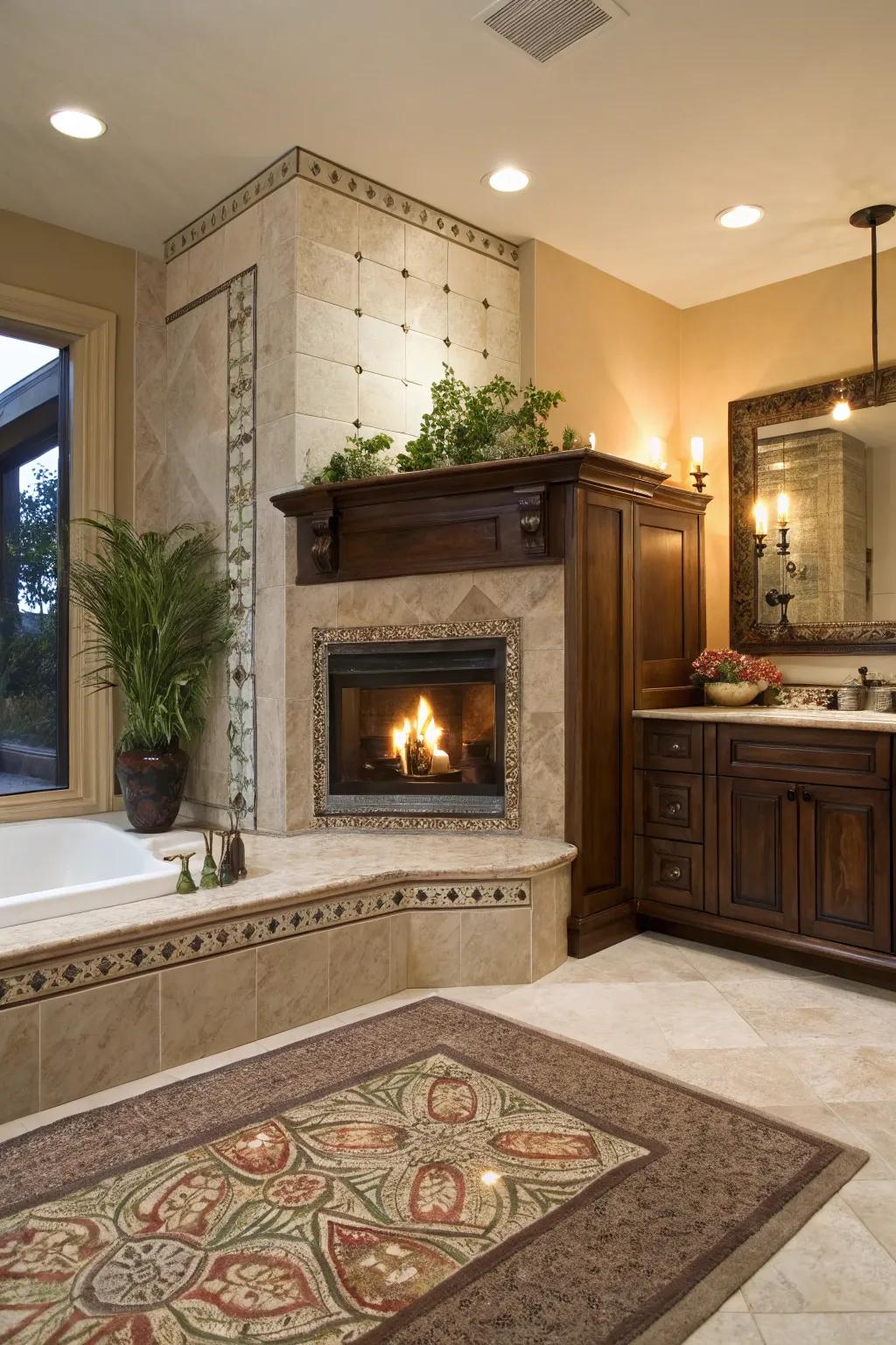 A corner fireplace infuses the bathroom with warmth and luxury.
