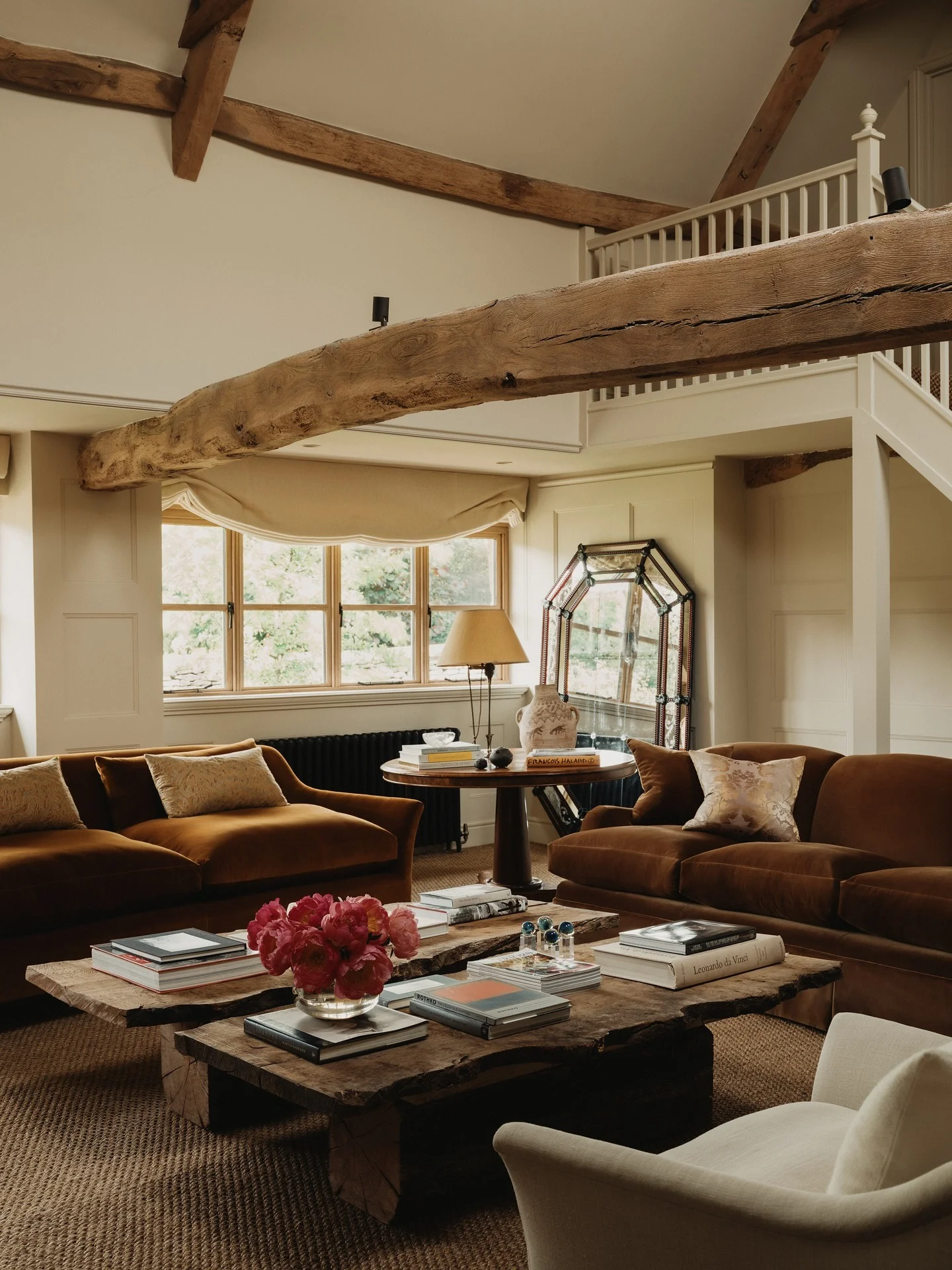 14. Elegant Timber-Frame Cabin with Deep Bronze Seating and Organic Wood Tables (Cabin Living Room Ideas)