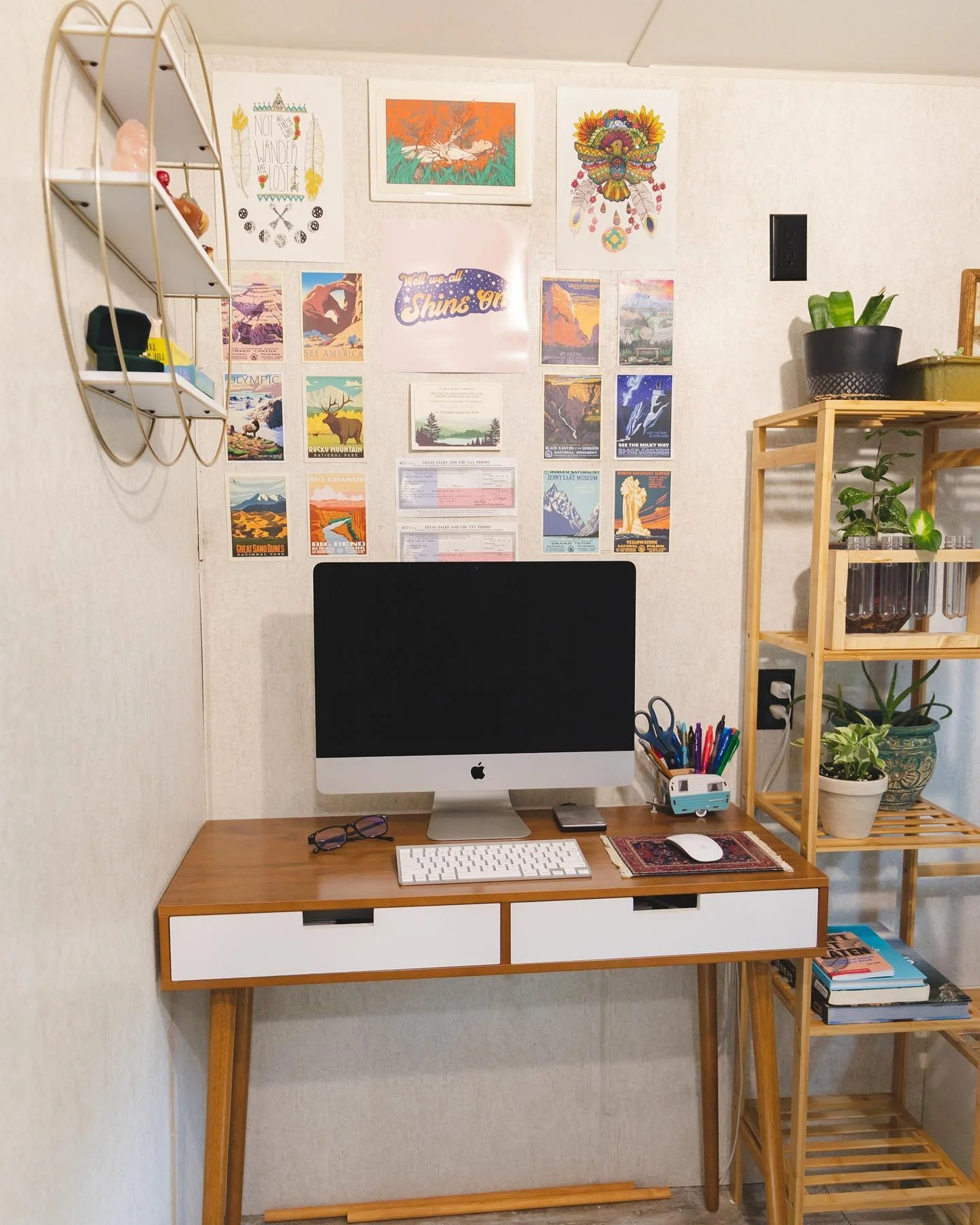 1. Creative Corner with Warm Wood and Botanical Accents (Tiny Home Office Ideas)