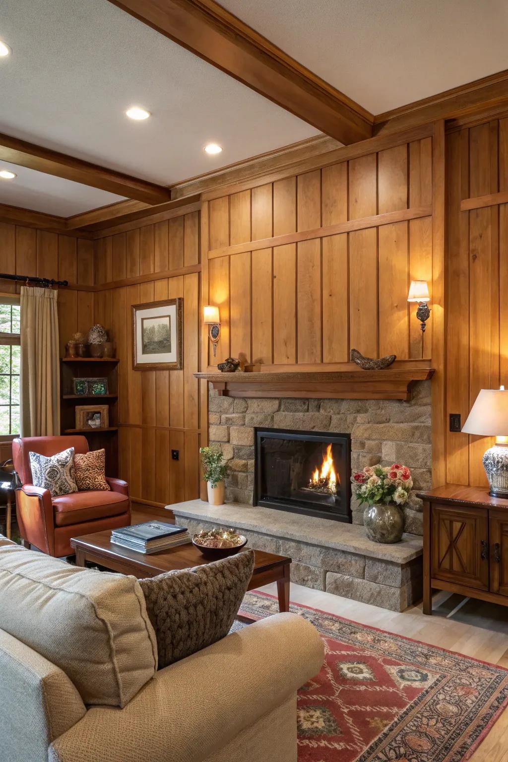 Warm wooden panels create a cozy atmosphere around this fireplace.
